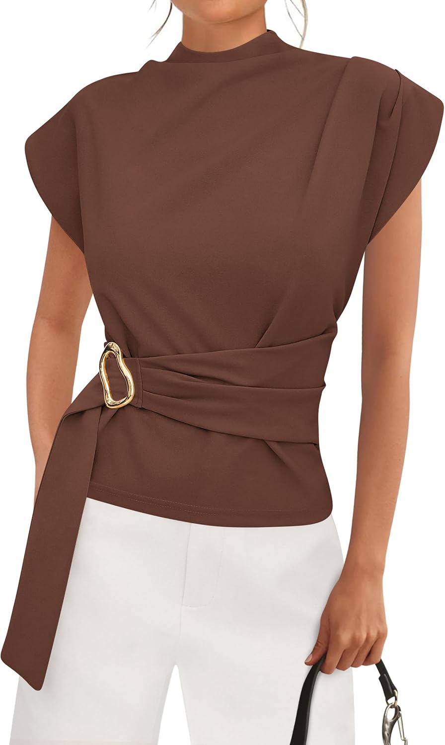 Thumbnail 6 de PRETTYGARDEN Women Blouses Spring Dressy Cap Sleeve Mock Neck Buckle Tunic