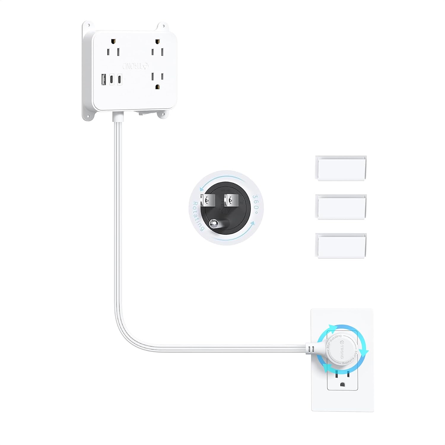 Detalle de TROND Prime Mini II Outlet Extender, 360° Plug, 3 Outlets and 3 USB Ports