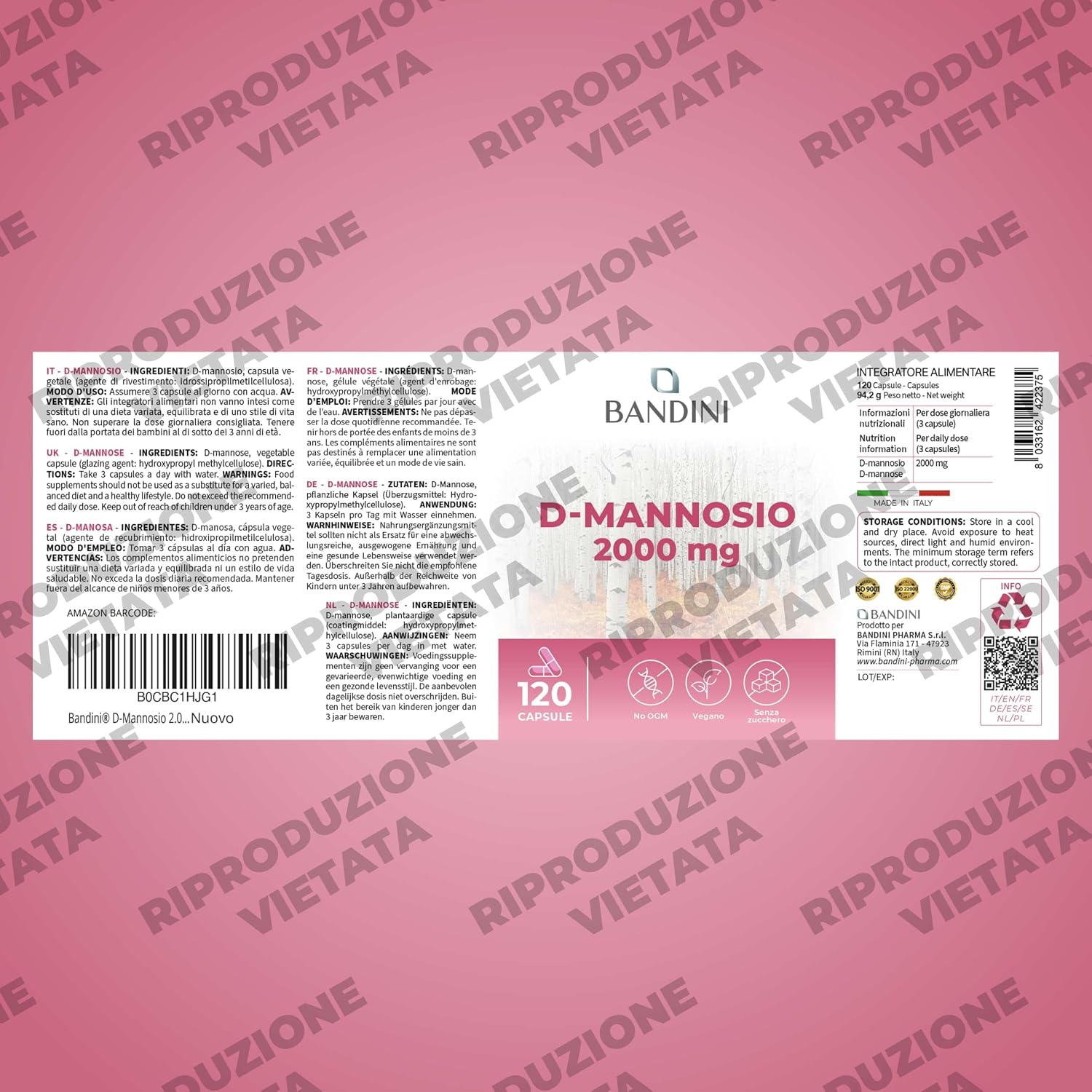 Detalle 1 de BANDINI D-mannose capsules, 2.000 mg per dagdosering, 120 stuks