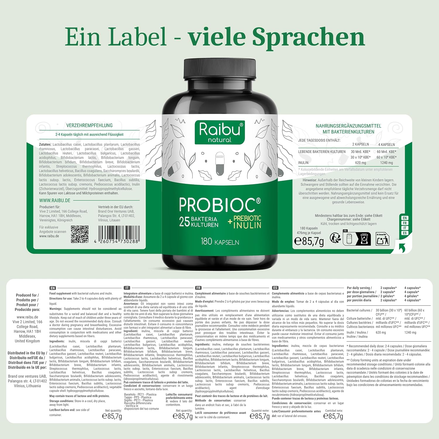 Thumbnail 6 de Probioc Kulturen Komplex – 25 Bakterienstämme + Inulin, 180 Kapseln, magensaftresistent