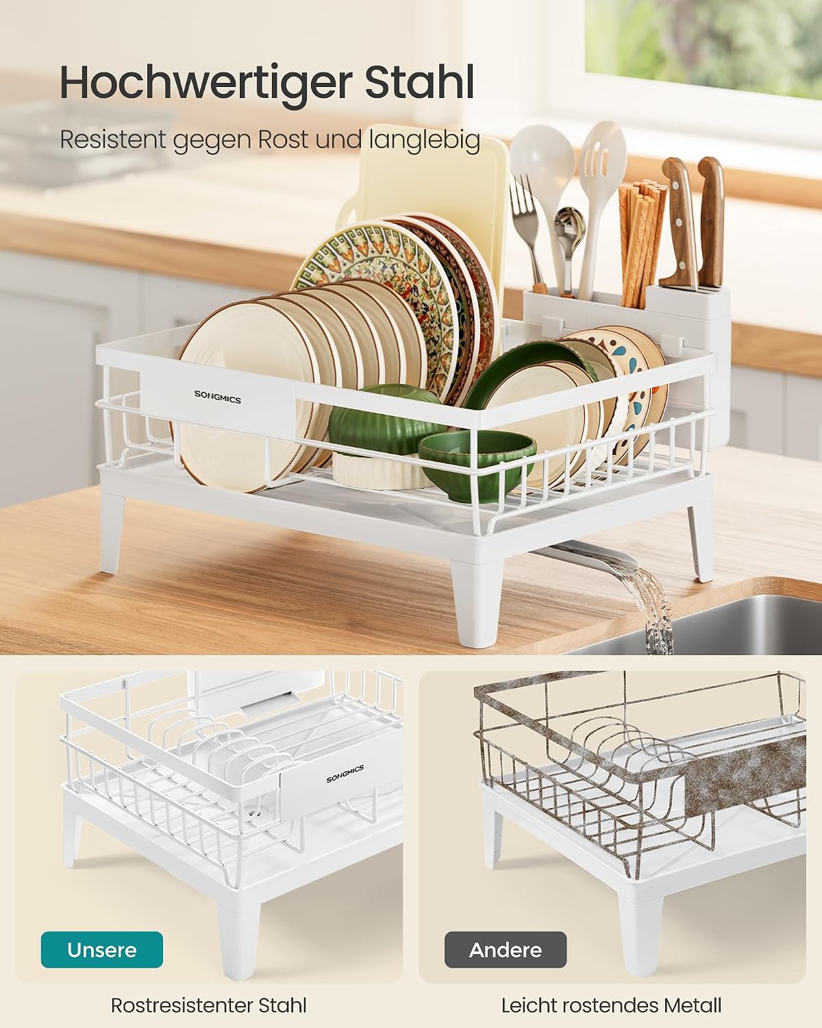 Detalle de SONGMICS Abtropfgestell Geschirr KCS550WG01 – kompakt, 360° Auslauf und Abtropfschale