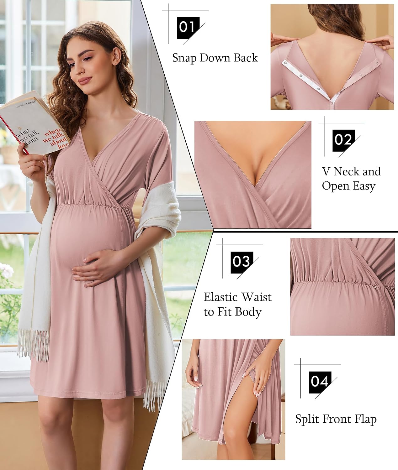 Detalle de Ekouaer Labor and Delivery Gown, V-Neck
