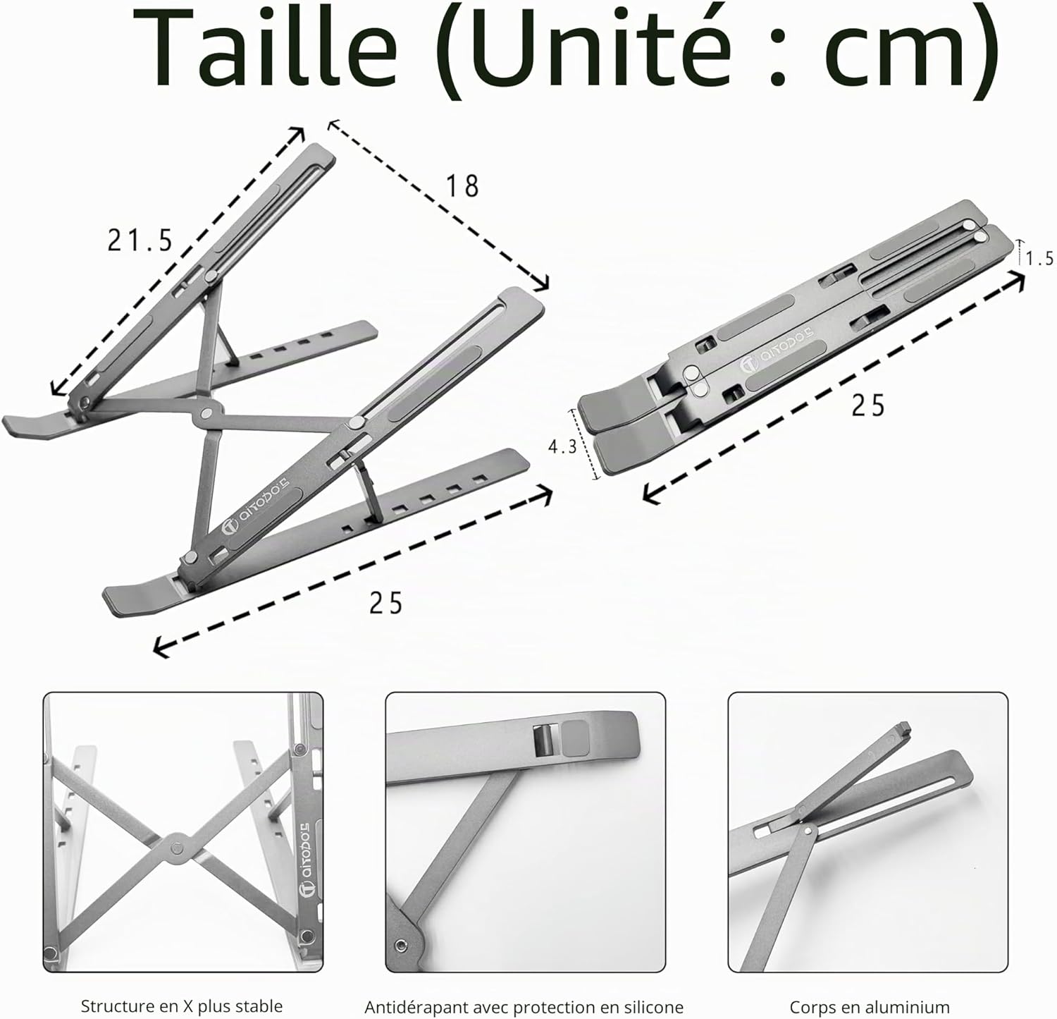 Detalle 2 de AiTodos Support Ordinateur Portable en alliage d’aluminium, pliable et réglable (6 vitesses), argent gris
