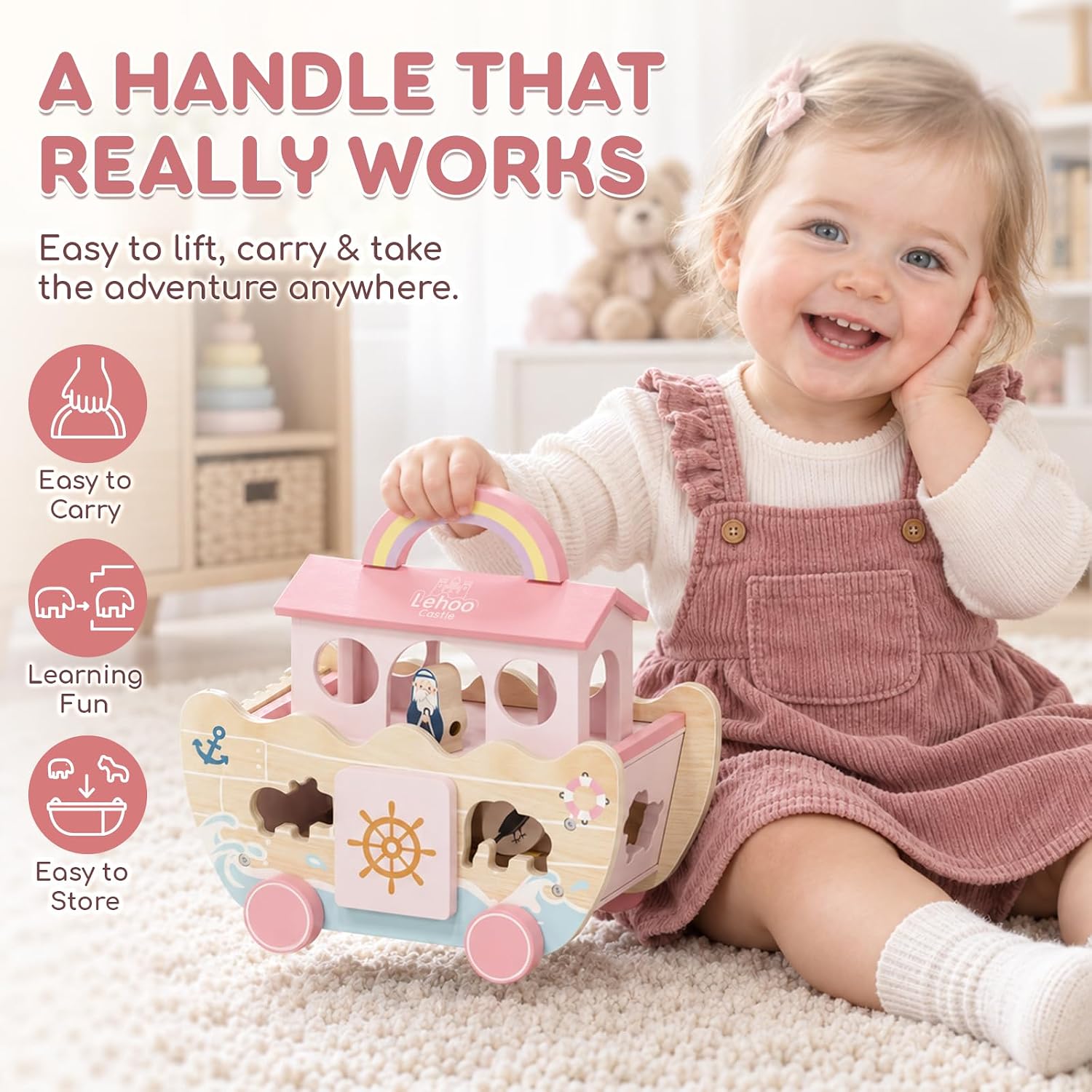 Thumbnail 6 de Lehoo Castle BT-019 Pink Wooden Noah’s Ark Toy with Shape Sorter and Lacing