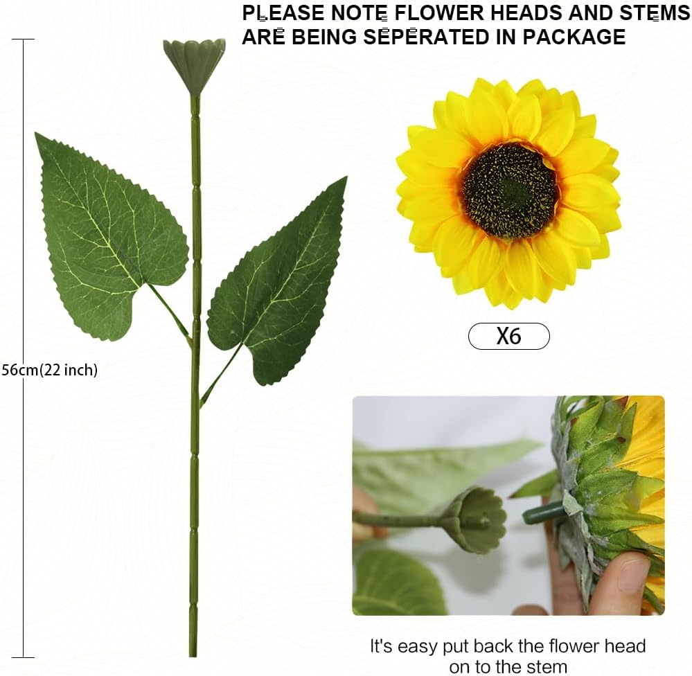Detalle de Olrla touffe de tournesols artificiels à tige longue (6 pièces) — fleurs jaunes réalistes pour centre de table