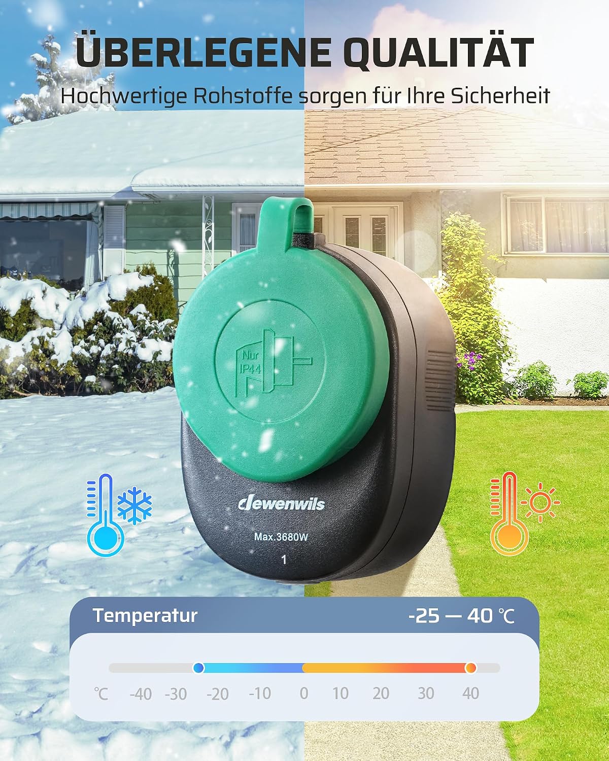 Detalle de DEWENWILS Funksteckdosen mit Fernbedienung Außen – 16 A, 3680 W, IP44, 30 m Reichweite