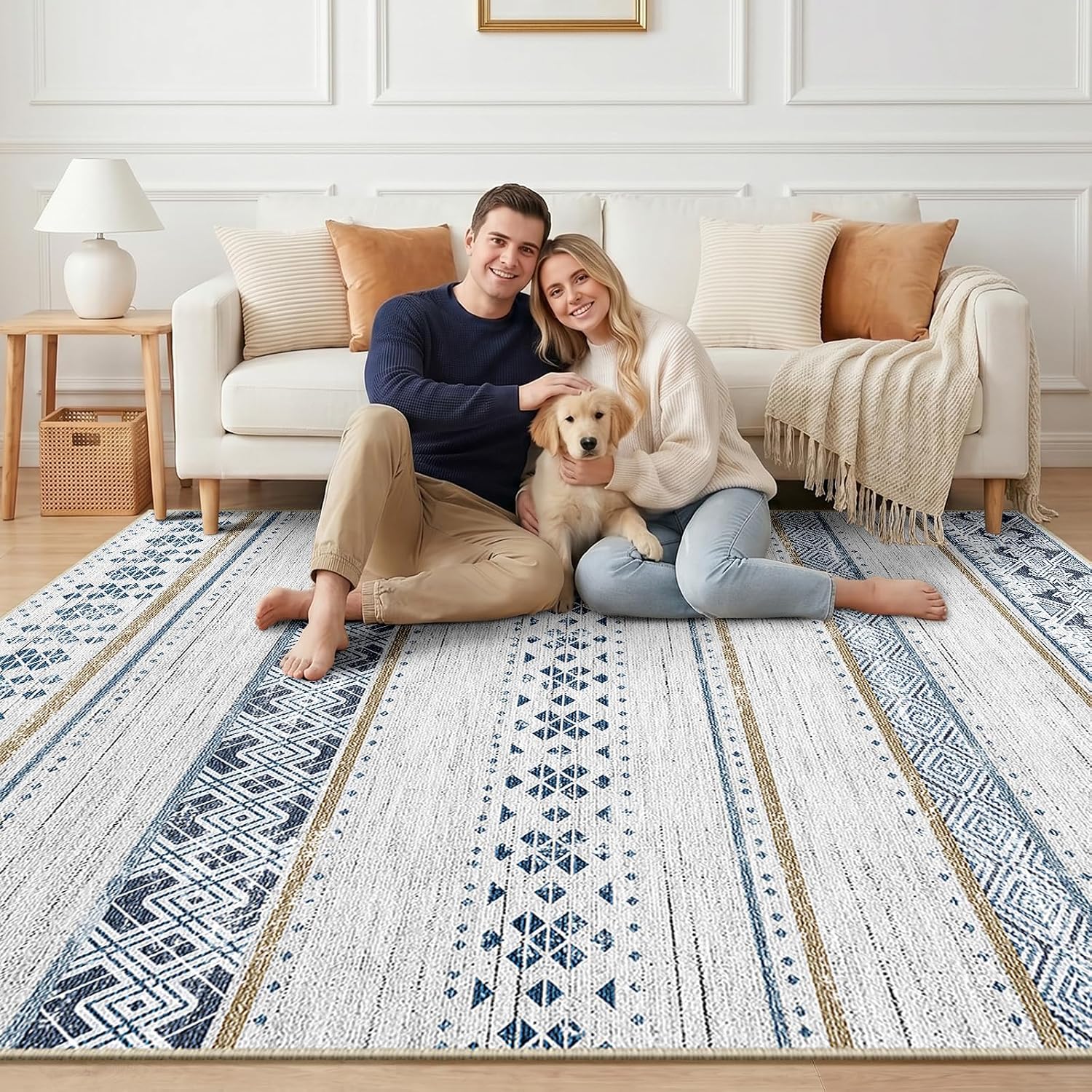 Thumbnail 1 de BESTSWEETIE 8x10 Geometry Series Rug: Washable, Non-Slip, Neutral Blue/Brown