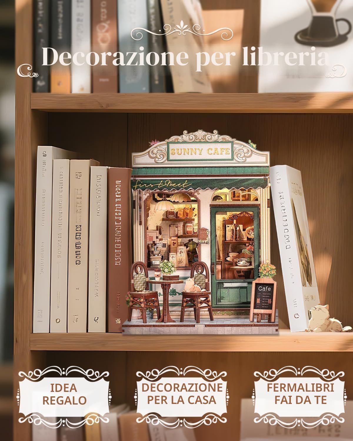 Detalle de CUTEBEE Book Nook Kit – Casa delle Bambole Miniature con Luci LED e Fermalibri in Legno 3D (Sunny Cafe)