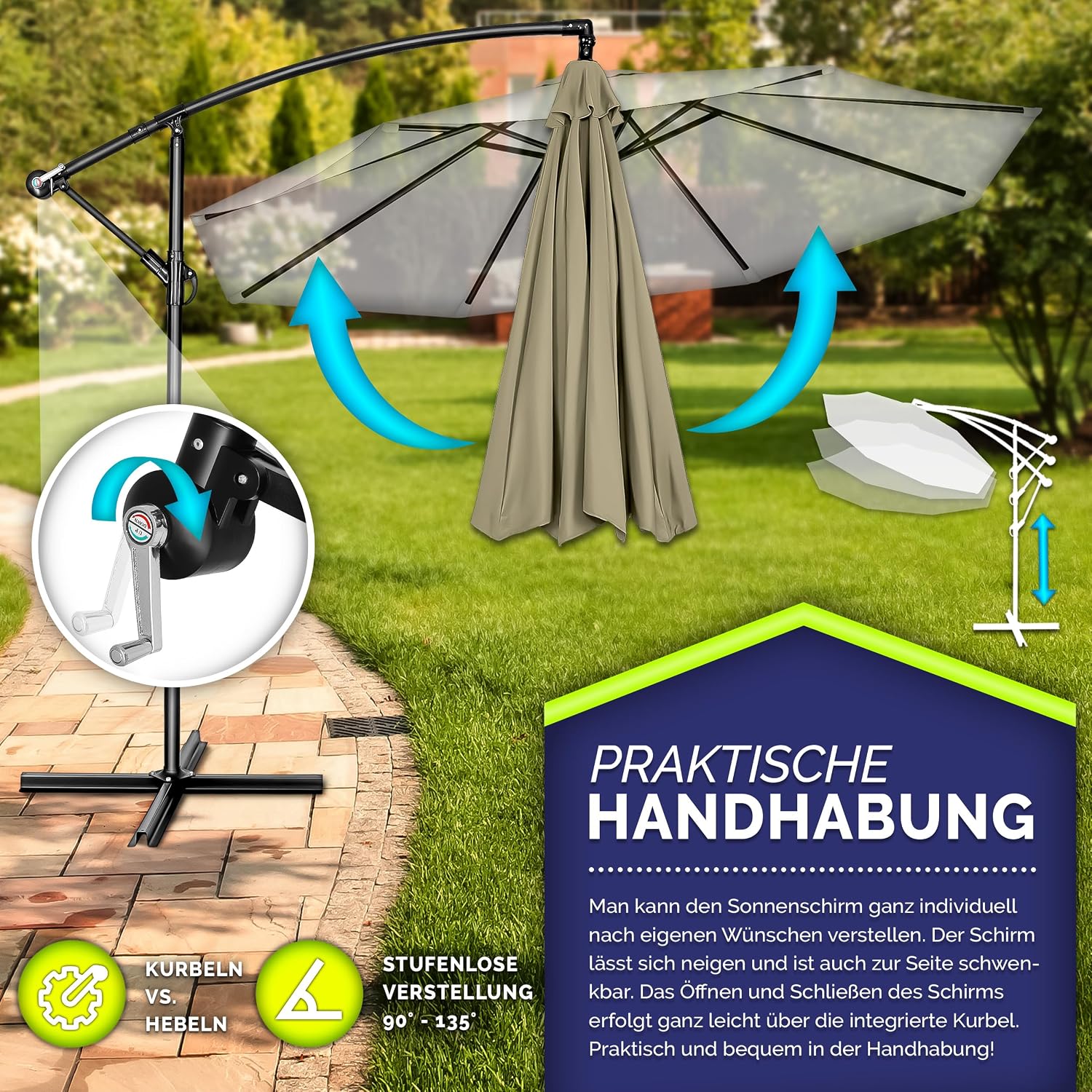 Thumbnail 2 de tillvex Alu-Sonnenschirm mit Abdeckung Ø 300 cm, Kurbel & 360° drehbar (Ampelschirm)