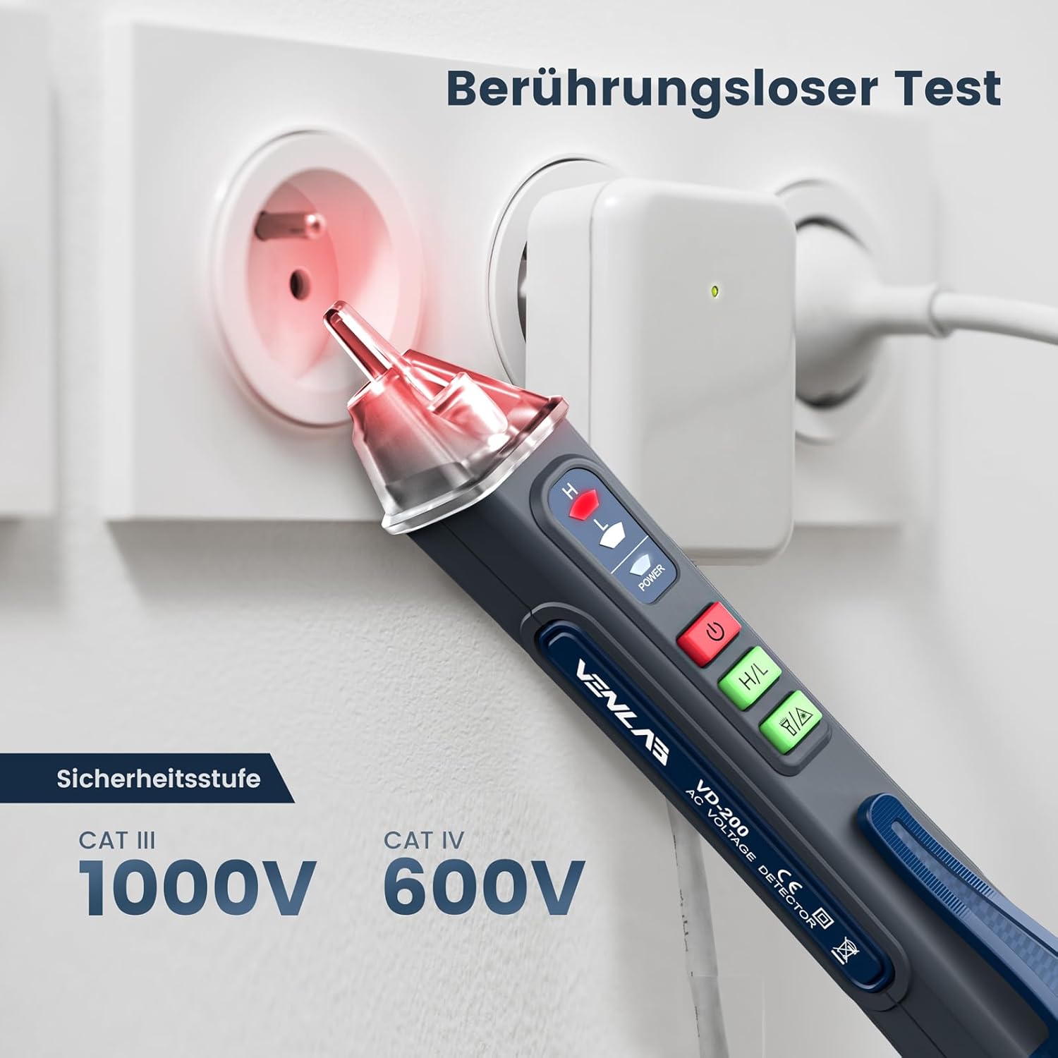 Thumbnail 2 de Berührungsloser Spannungsprüfer VD200 (AC) mit Buzzer, Taschenlampe & Leitungsdetektion – für Schalterdose, Schaltschrank & Leitungssuche