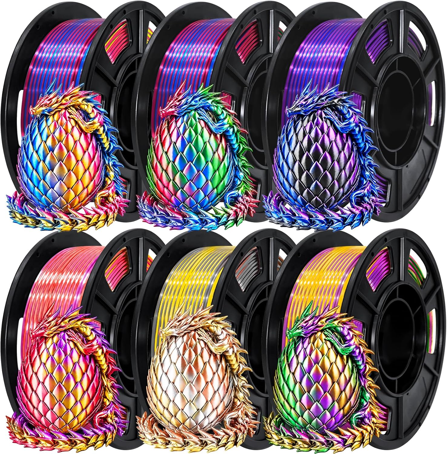 Detalle de UGUESS PLA+ Silk 3D Printer Filament Bundle, 1.75 mm, 6 Tri-Color Spools
