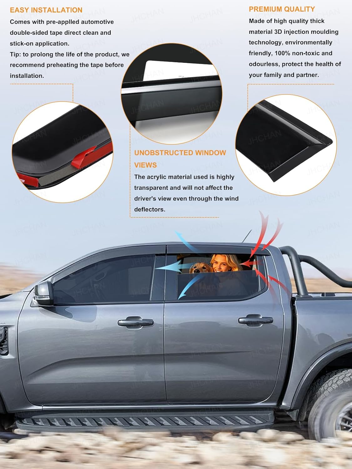 Detalle 2 de JHCHAN Wind Deflectors for VW Amarok MK3 (2023–2026) Double Cab — 4pc Set