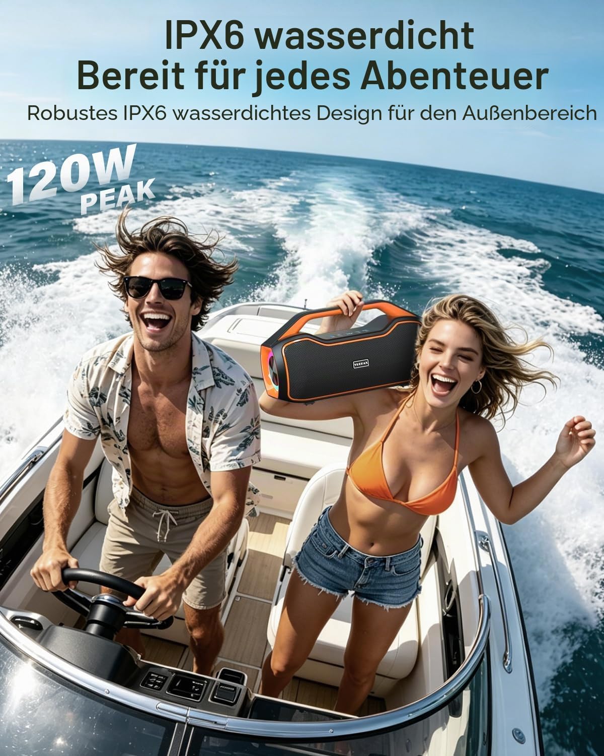 Detalle de Bluetooth Tragbarer Lautsprecher mit 120 W Spitzenleistung – Outdoor DSP-Sound, IP65, 2x Subwoofer, TWS & RGB