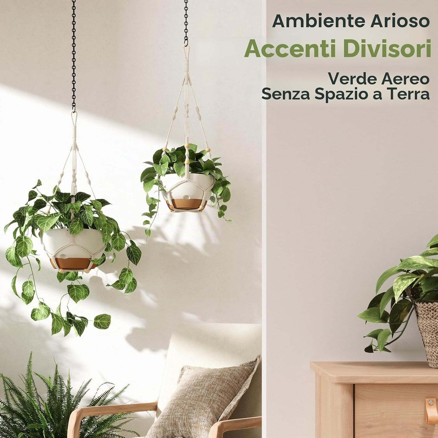 Detalle de Bamworld Vasi Appesi e Portavasi per Piante in Macramé Boho — Portapiante Sospeso con Corda di Cotone, 85 cm