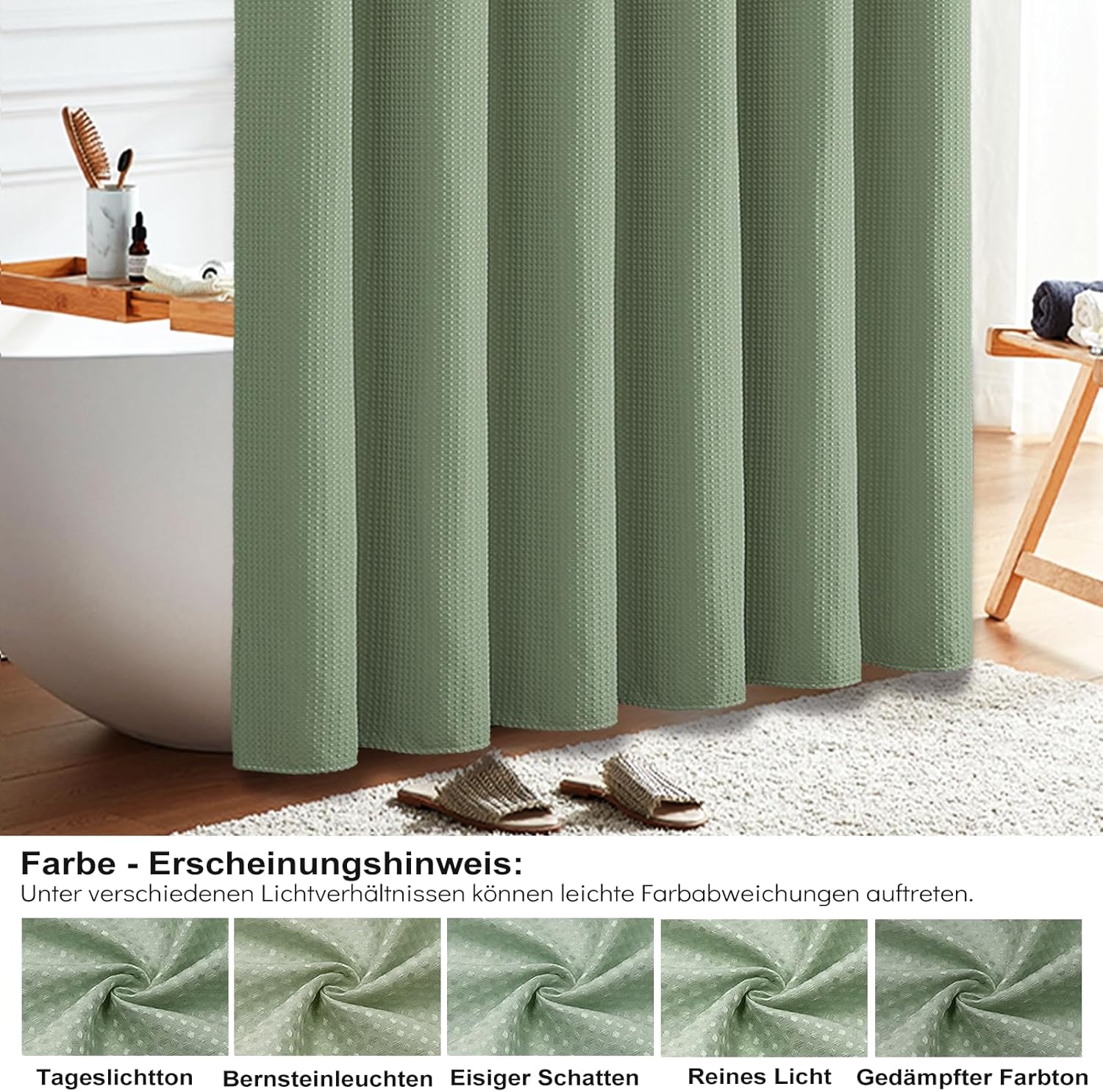 Detalle de BTTN Duschvorhang Waffel 180x200 cm – Anti-Schimmel, schweres Waffelstoff mit wasserdichter Innenfolie, inklusive 12 Haken (Grün/Salbeigrün)
