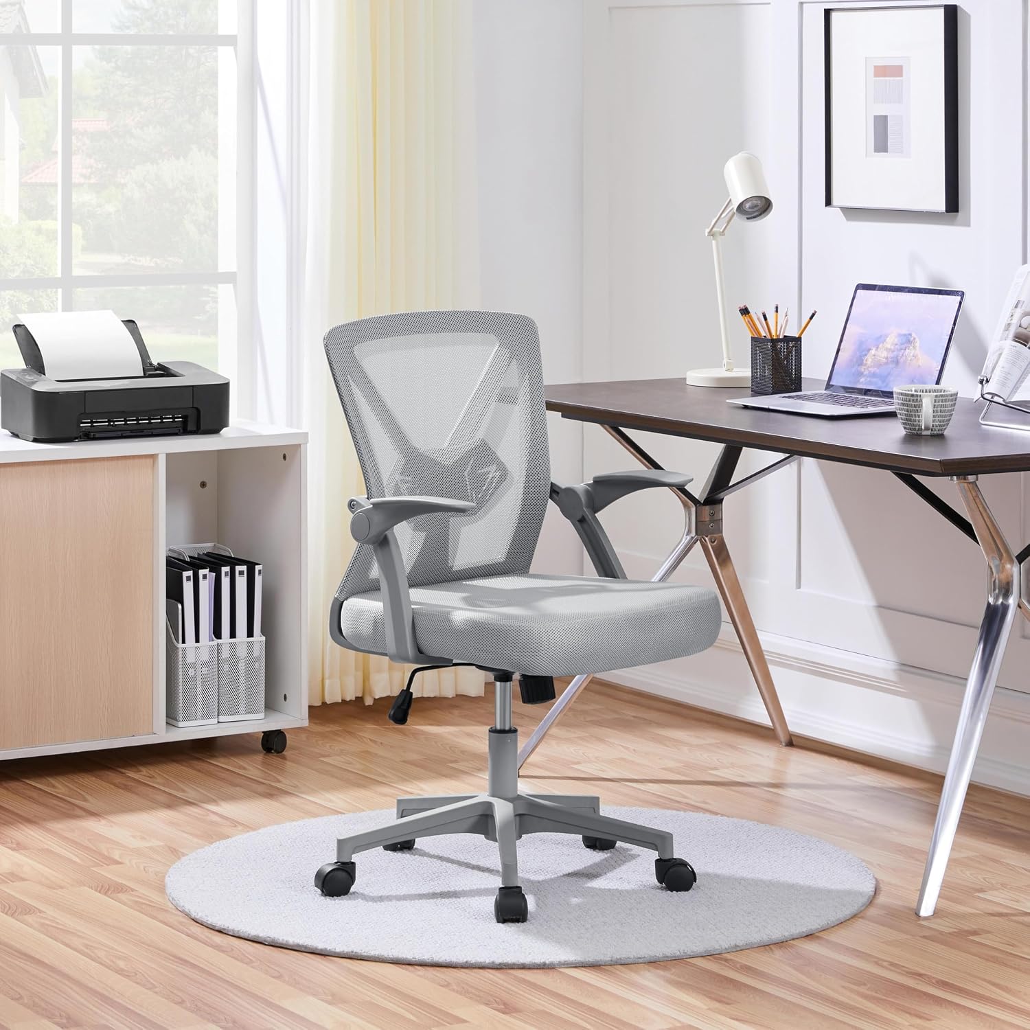 Detalle de Yaheetech sedia da ufficio ergonomica con braccioli reversibili e schienale in rete, supporto lombare regolabile, grigia