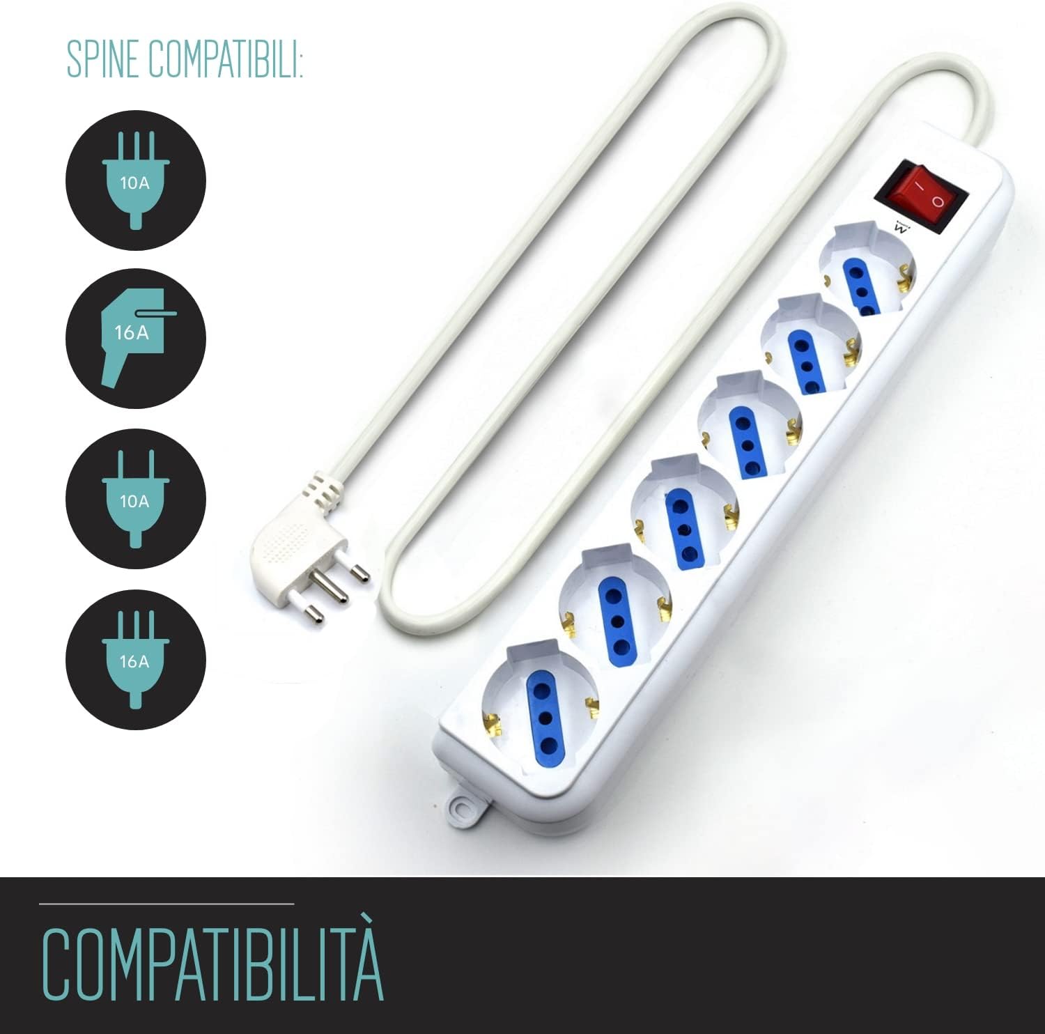 Thumbnail 1 de EW3922: Multipresa a 6 Posti con Prese Italiane 10A e Schuko, Cavo 5 m, Angolate 45°
