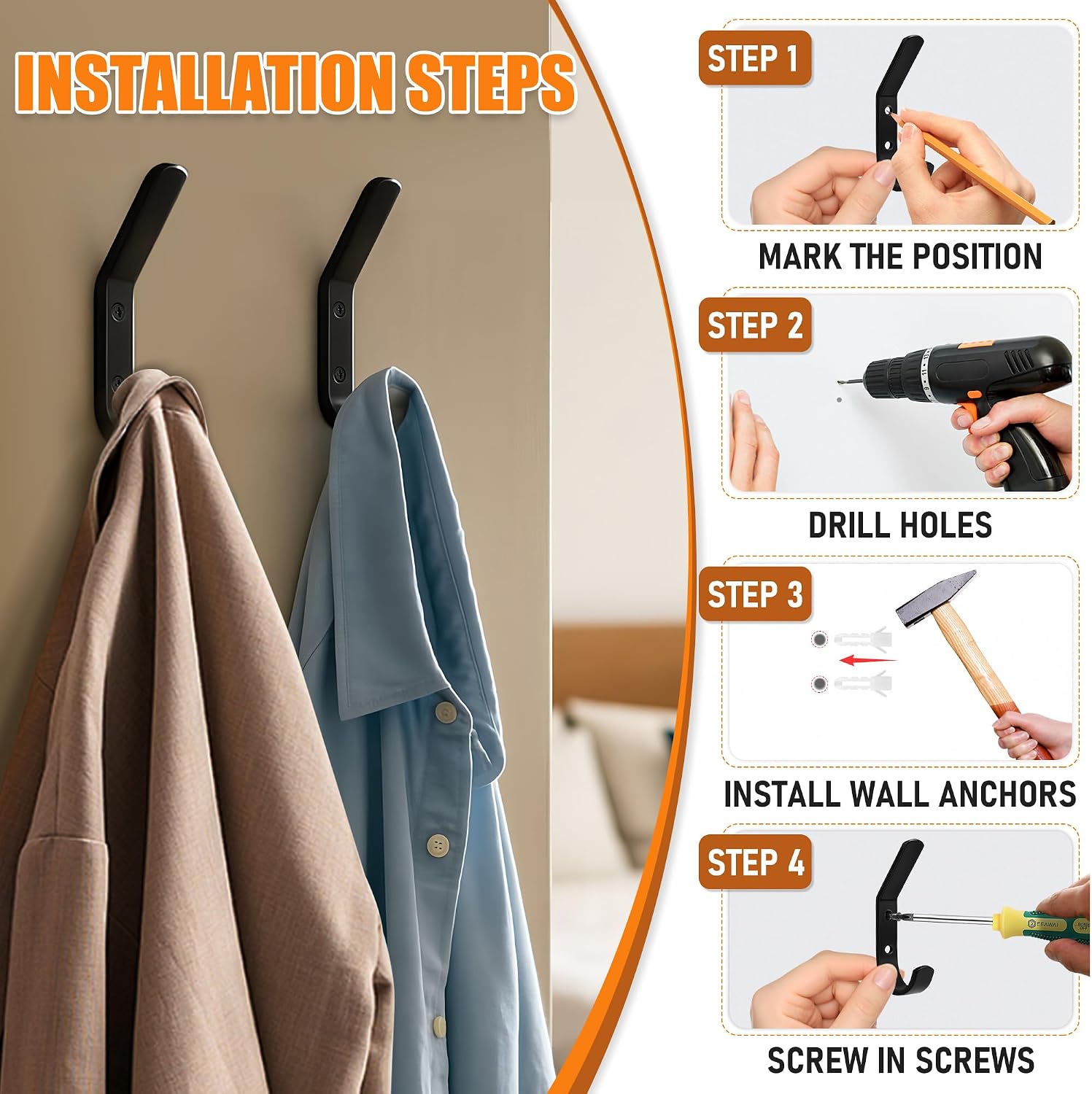 Detalle de MIVITOOM 8-Piece Heavy Duty Metal Wall Mounted Coat Hooks