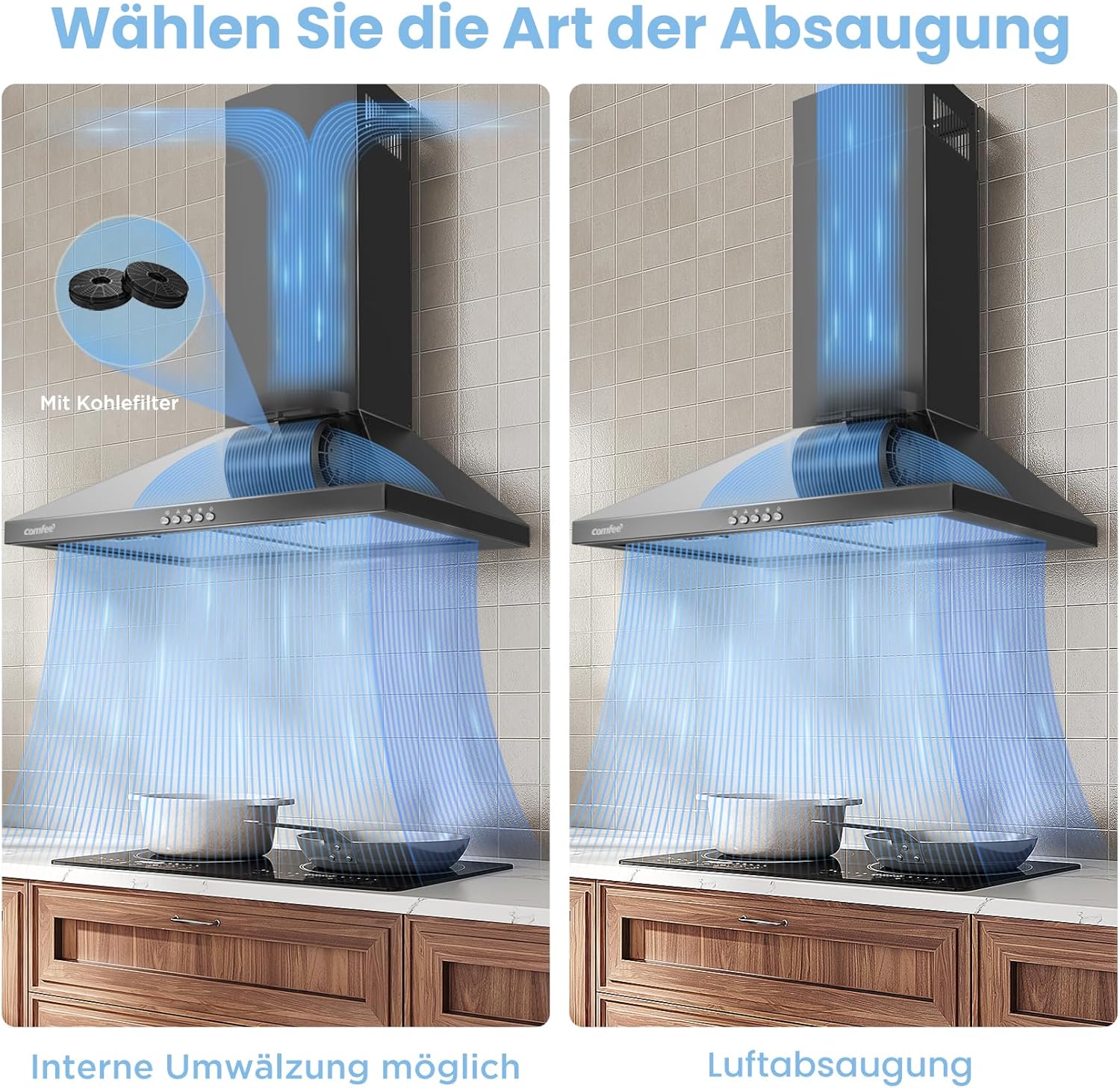 Thumbnail 3 de COMFEE' CH60A17EM400B Dunstabzugshaube 60 cm (Umluft & Abluft) mit 400 m³/h, Aktivkohlefilter, schwarz