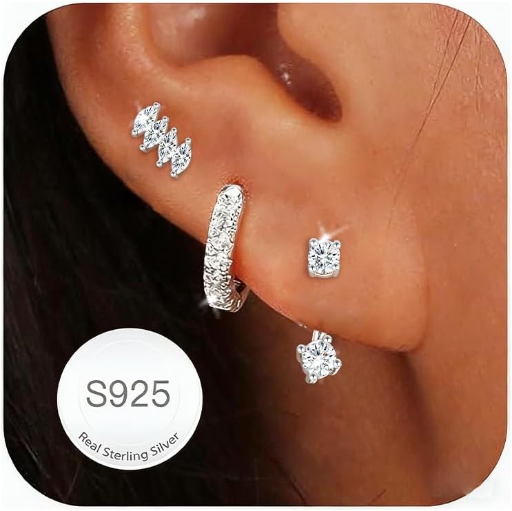 Thumbnail 5 de Smilya 3 Pairs 925 Sterling Silver Stud Hoop Earrings Set for Women