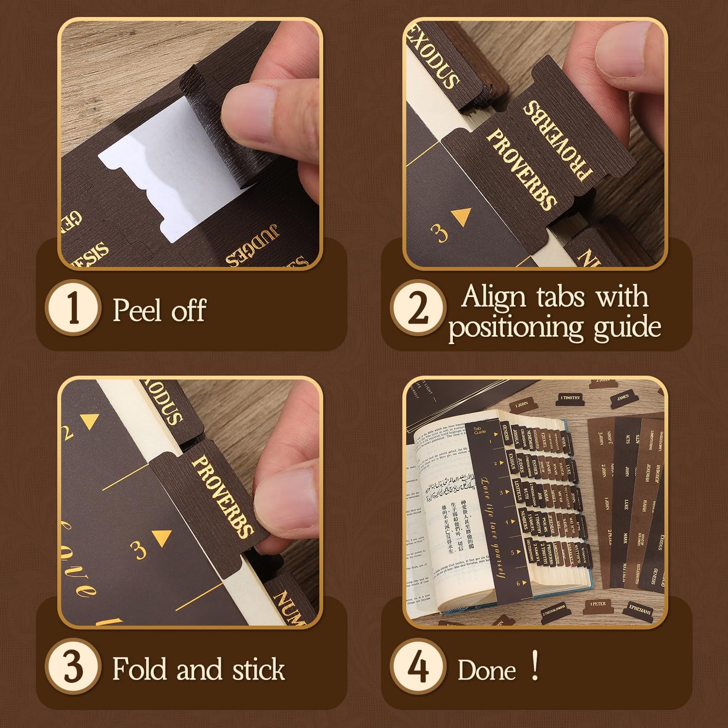 Detalle 1 de VYRANA LLTZZSYT Bible Tabs, 80-Piece Chestnut Woodgrain Set with Gold Foil