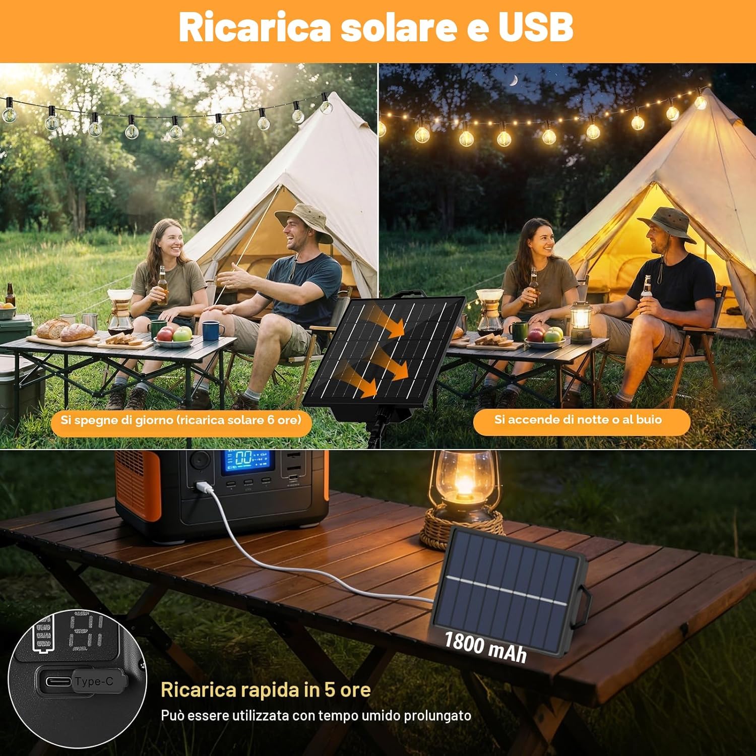 Detalle de Catena Luminosa Solare per Esterno 12 M - 14+1 G40 LED, 19 Modalità, IP44, USB, Telecomando