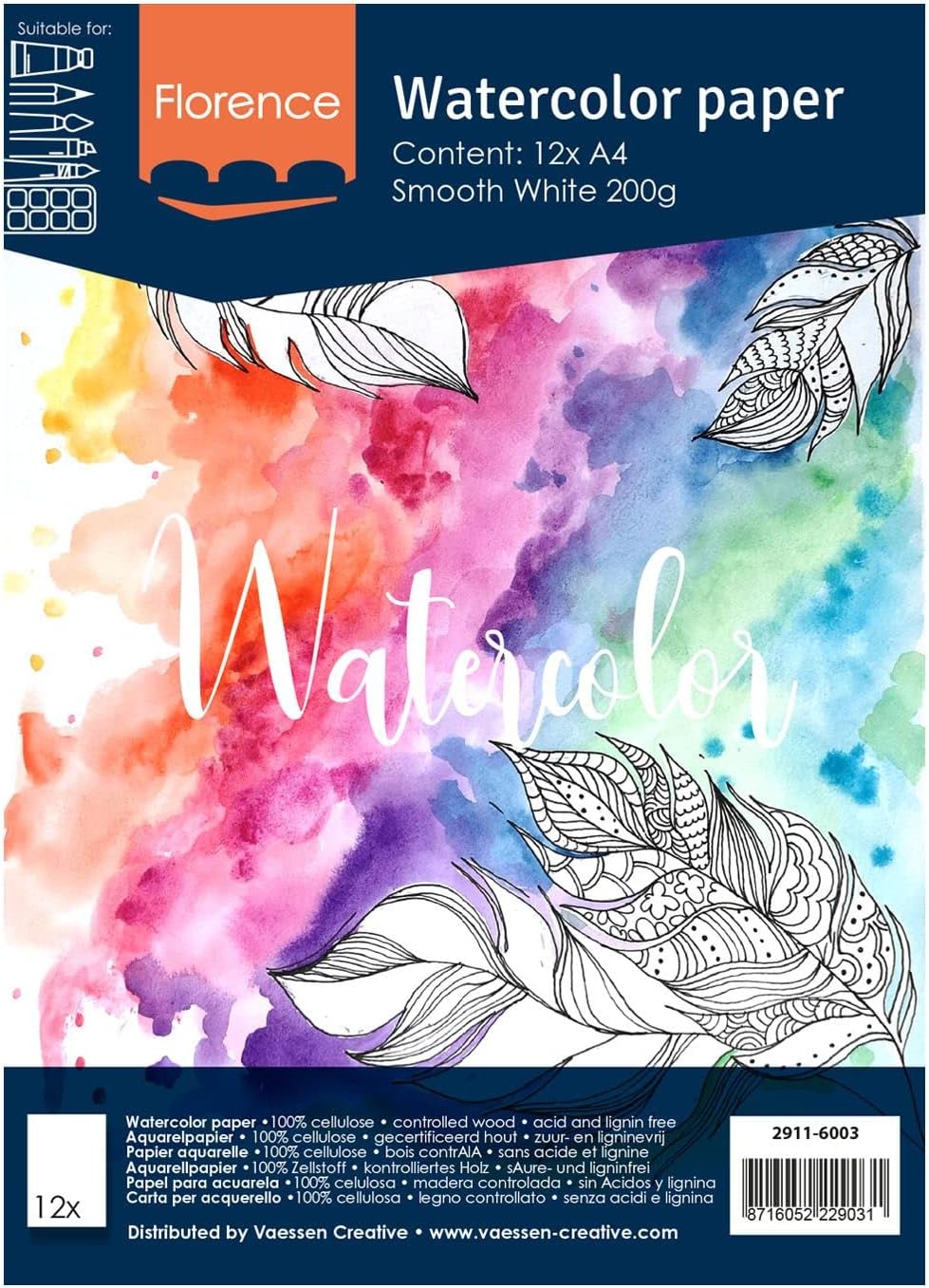 Detalle de Vaessen Creative Papier Aquarelle Florence Pressé à Chaud A5 – 100 feuilles, Blanc Intense 200 g/m²