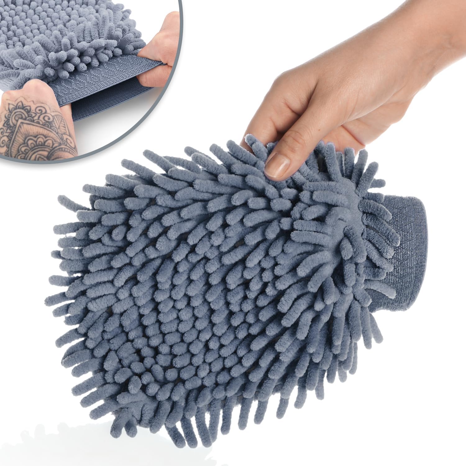 Thumbnail 4 de com-four® 3x Waschhandschuh aus Chenille & Microfaser (grau) – für Auto, Haushalt und Fensterreinigung