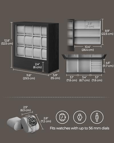 Thumbnail 4 de SONGMICS 12-Slot Wooden Watch Box JOW014B01 (Ebony Black)