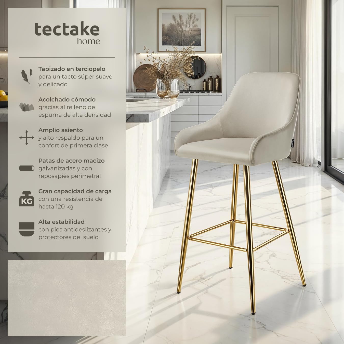 Detalle 2 de tectake Taburete Alto acolchado crema 4 unidades