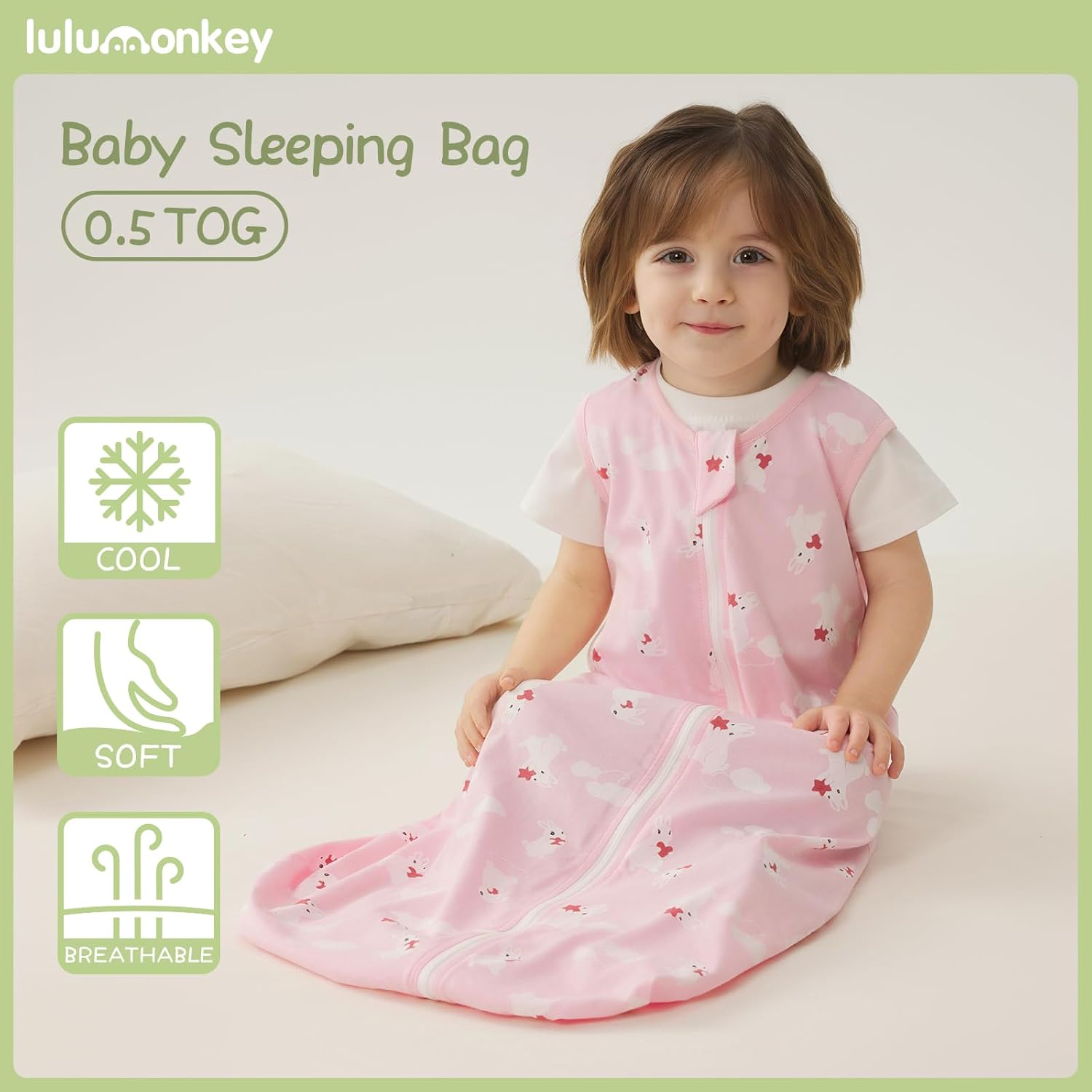 Thumbnail 1 de LULUMONKEY 0.5 Tog Baby Summer Sleeping Bag (18-36 Months) – Soft Cotton, Rabbit Design