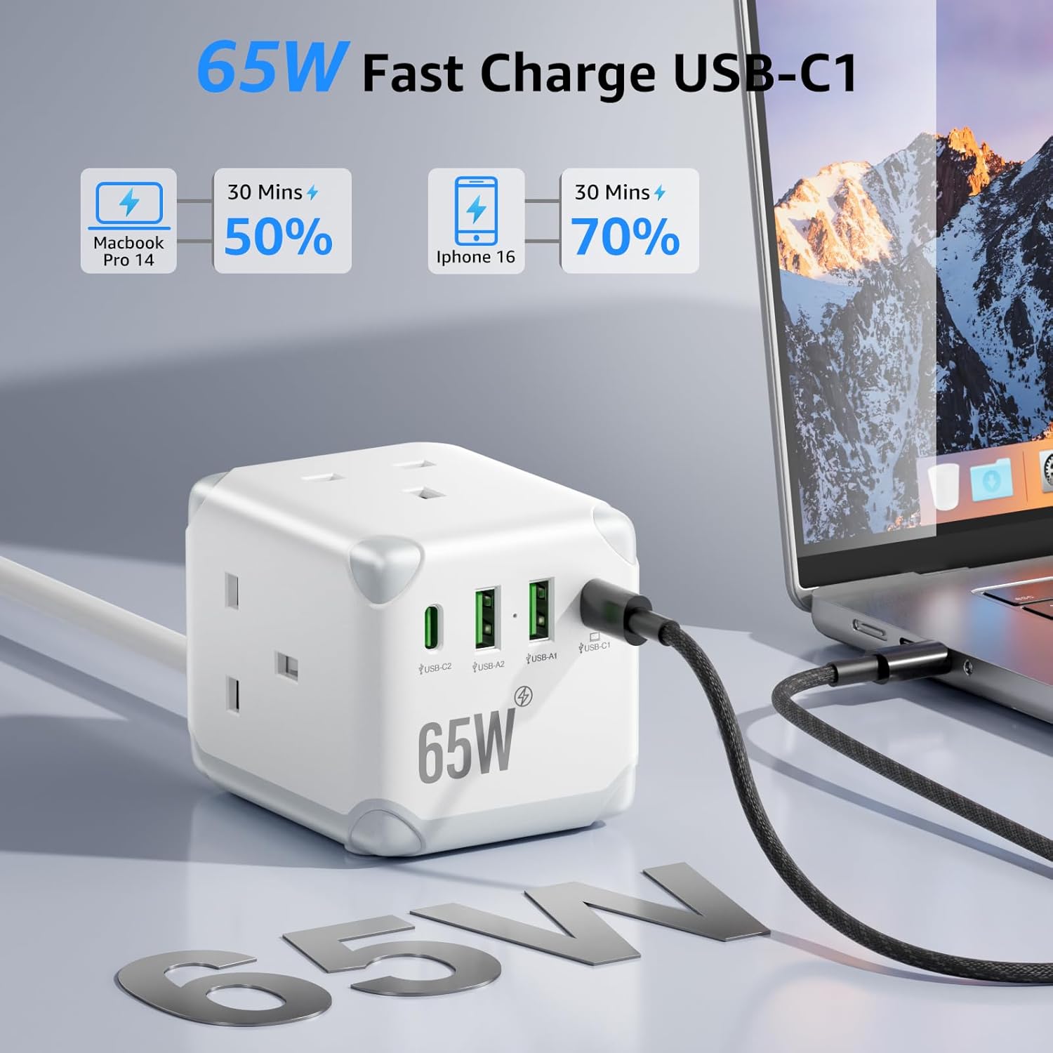 Thumbnail 2 de 5M Cube USB Extension Lead with PD65W, 3 UK Sockets + 2 USB-C + 2 USB-A