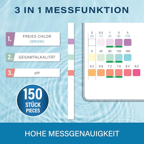 Detalle 2 de Veddelholzer 3-in-1 Pool Teststreifen (150 Stück) – Wassertester für pH, freies Chlor & Alkalinität