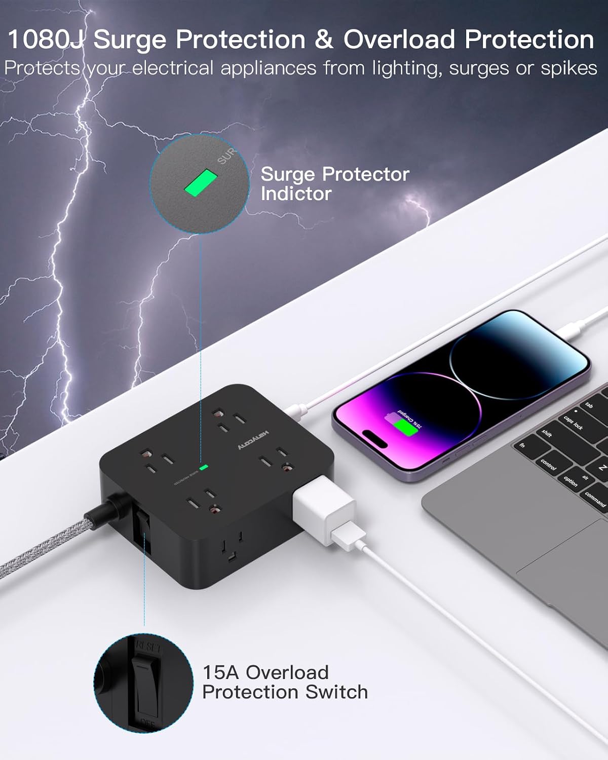 Detalle de HANYCONY HN8U5WC2 Surge Protector Power Strip, 8 Outlets, 4 USB Ports