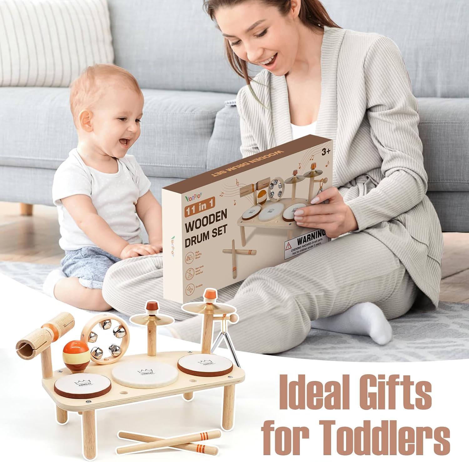 Thumbnail 5 de Kids Drum Set - Montessori 11-in-1 Wooden Musical Instruments for Toddlers