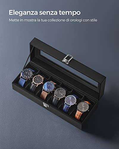 Detalle de SONGMICS Porta Orologi a 6 Posti con Coperchio in Vetro – Scatola Portaorologi in PU Nera JWB06B01