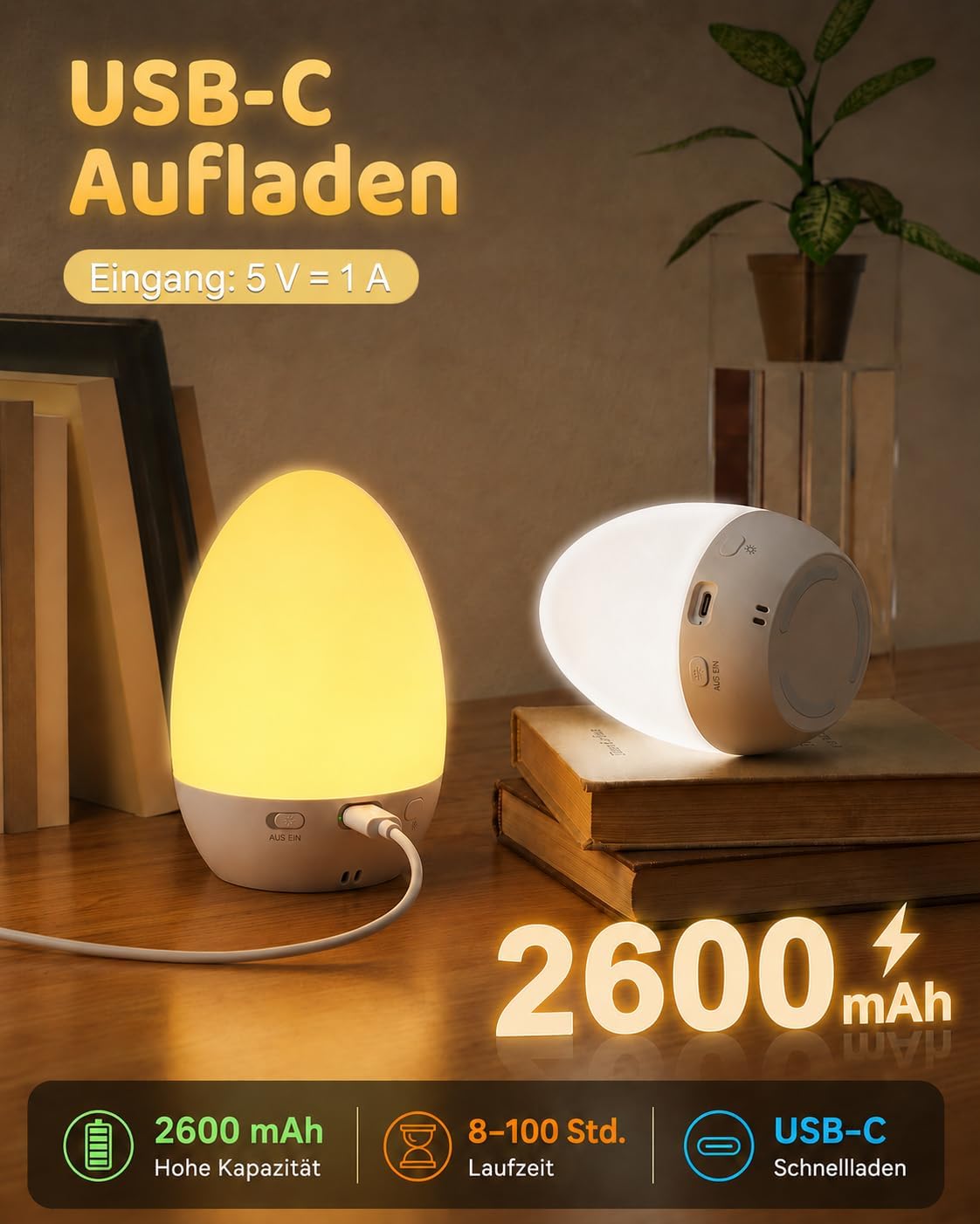 Thumbnail 6 de AmazeFun Stilllicht Dimmbar Eggy Egg – 3 Farbtemperaturen, 12 RGB-Farben, wiederaufladbar