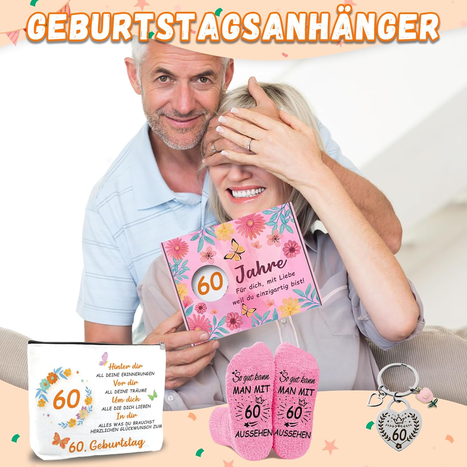 Detalle 2 de WAMIOKAGRO Geschenk-Set zum 60. Geburtstag für Frauen: Kosmetiktasche, Socken & Schlüsselanhänger