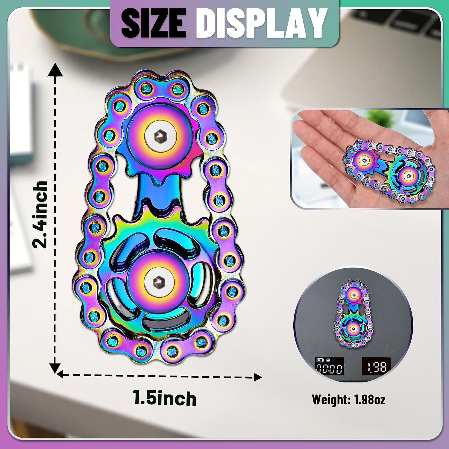 Detalle 2 de Chilvil Metal Bike Chain Fidget Spinner Set, 2-Pack, Rainbow and Silver
