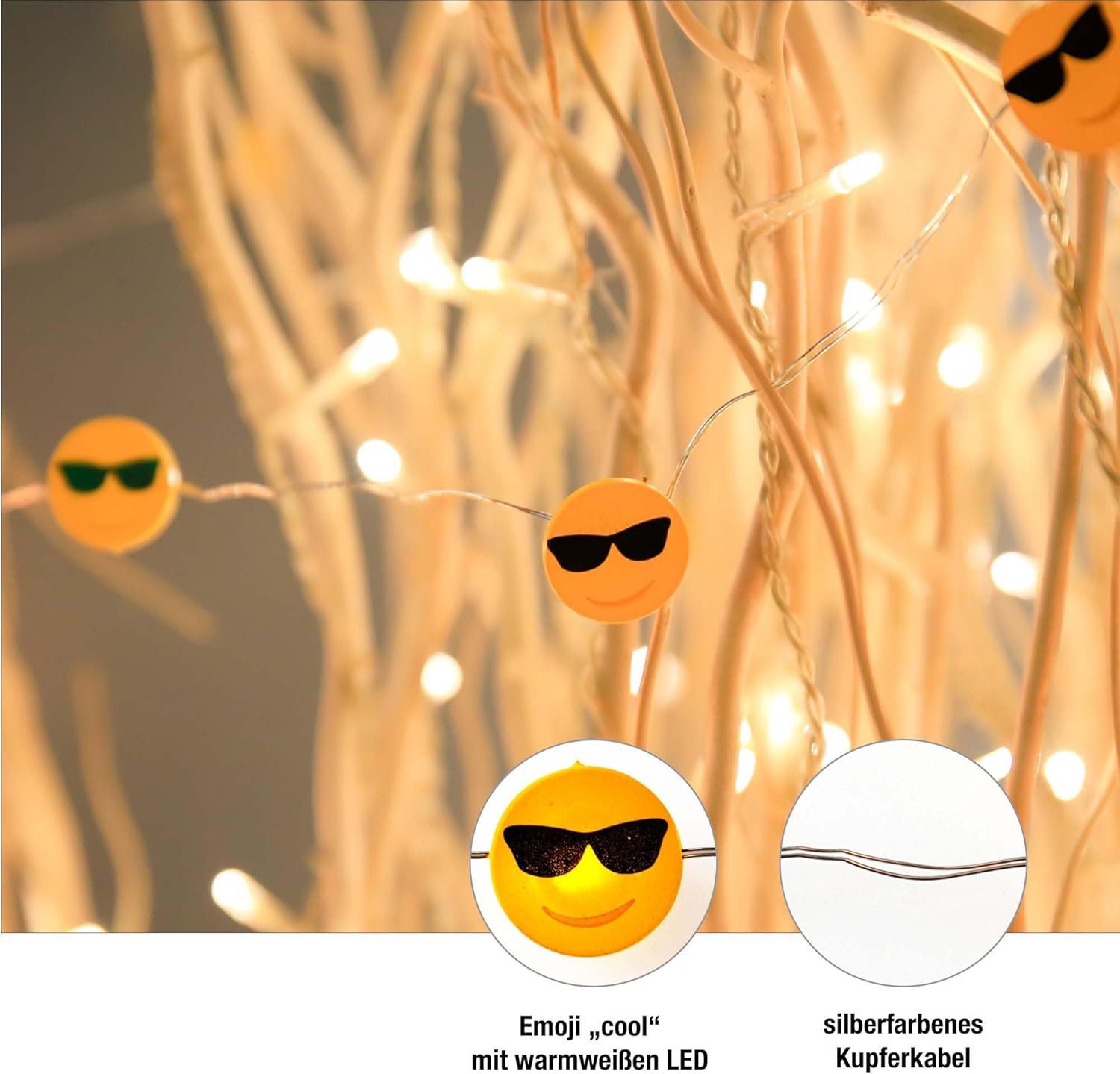 Thumbnail 3 de hellum LED Kupfer-Lichterkette „Cool-Emoji“ (10 warmweiße LEDs, 90 cm, batteriebetrieben mit 2 AA)