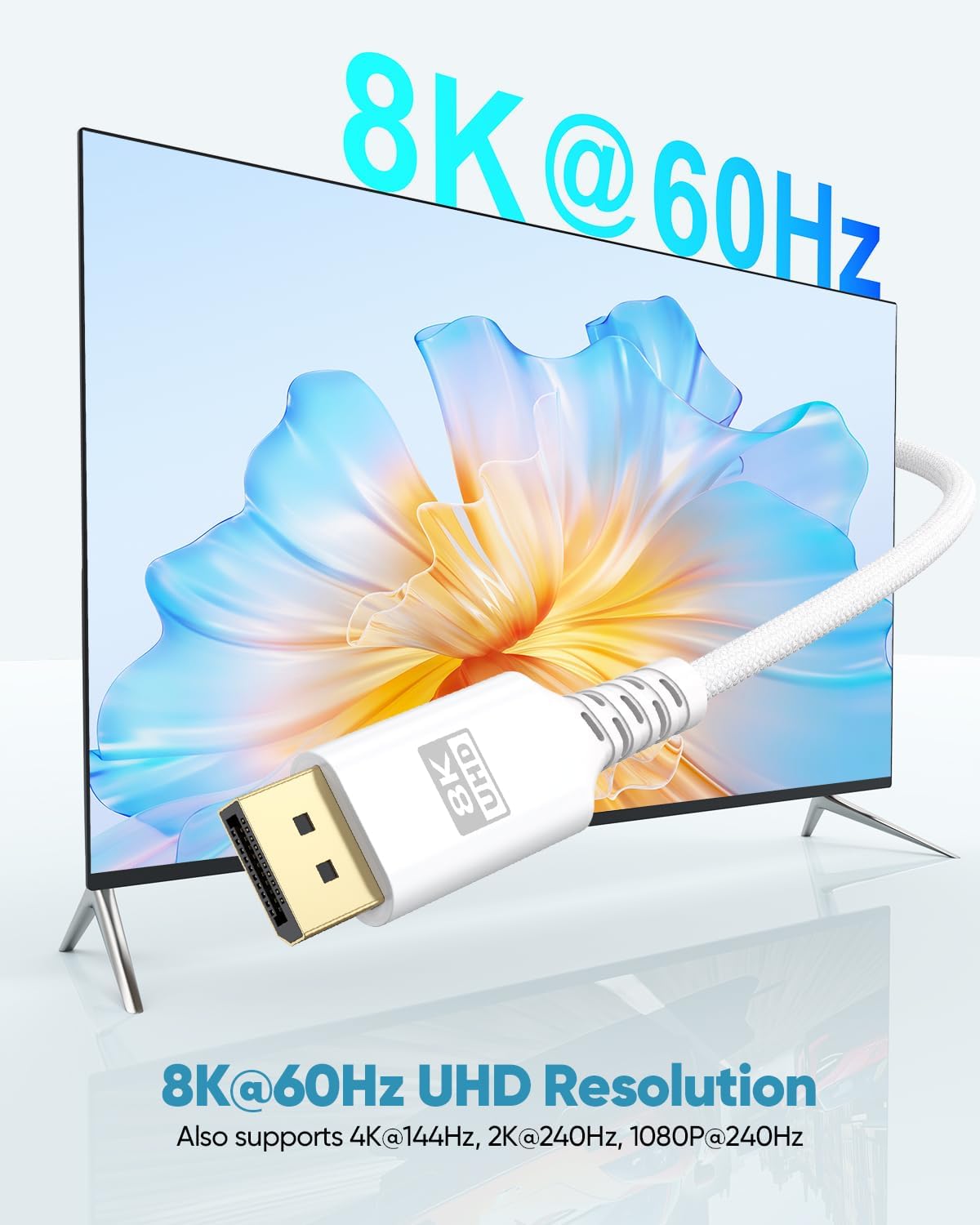 Detalle de UVOOI 8K DisplayPort 1.4ケーブル 10フィート ホワイト・二重ナイロン編み