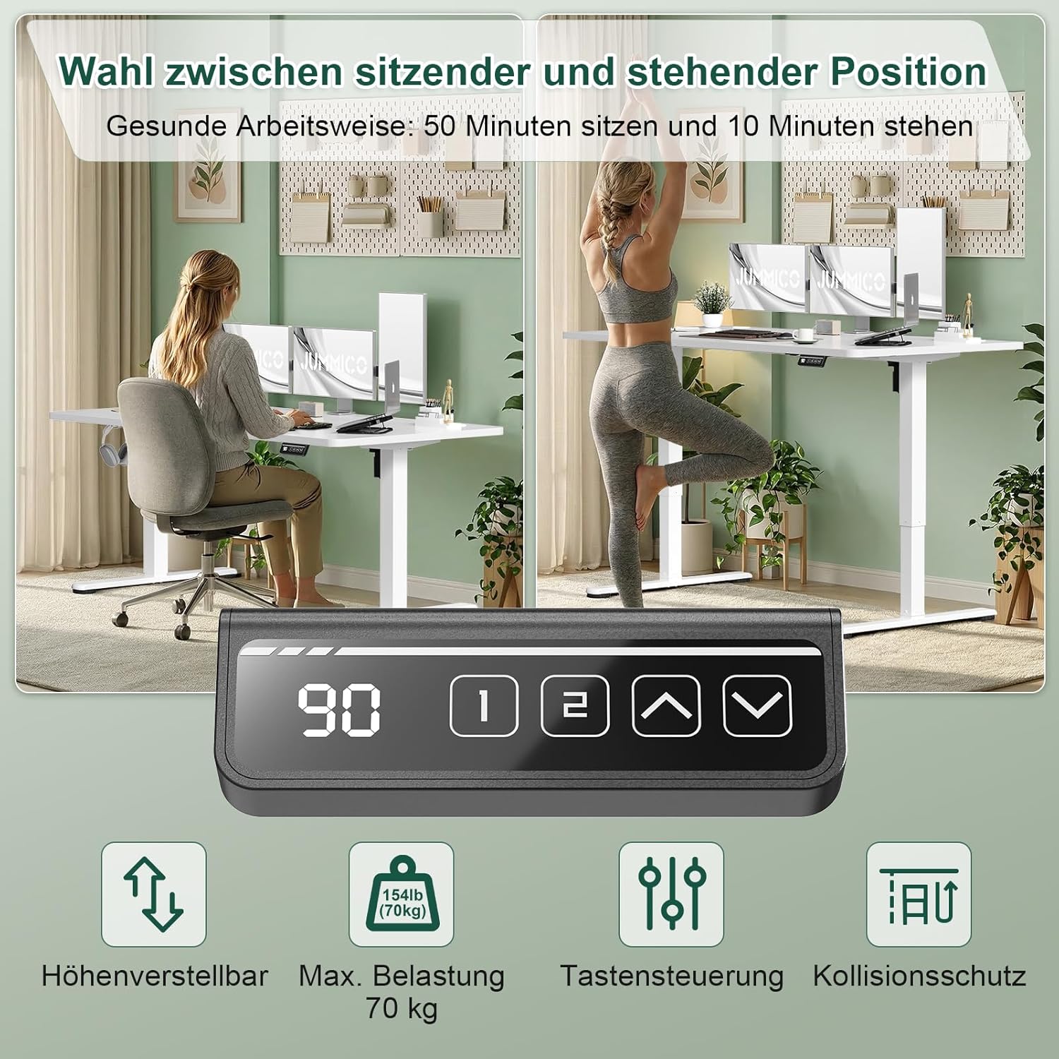 Detalle de JUMMICO Höhenverstellbarer Schreibtisch 100 × 60 cm – Elektrisch, mit Memory-Funktion, Weiß