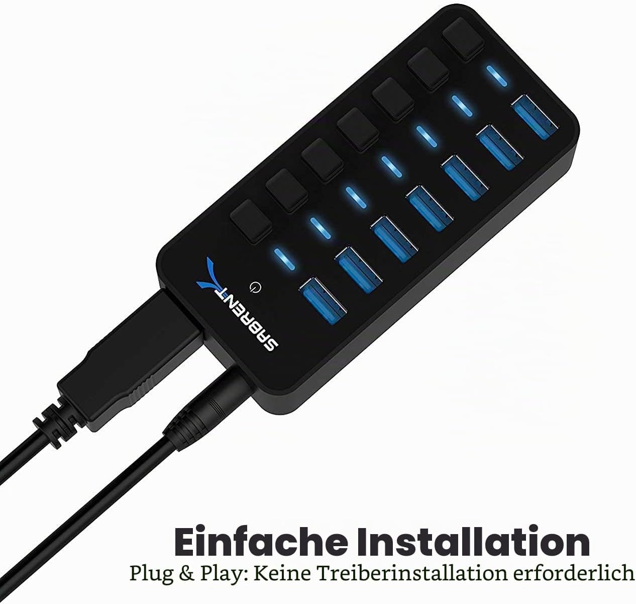 Detalle de SABRENT USB Hub aktiv 3.2x1 mit Netzteil – 7 Ports, 36W, Power-Schalter, USB3.2 Gen 1