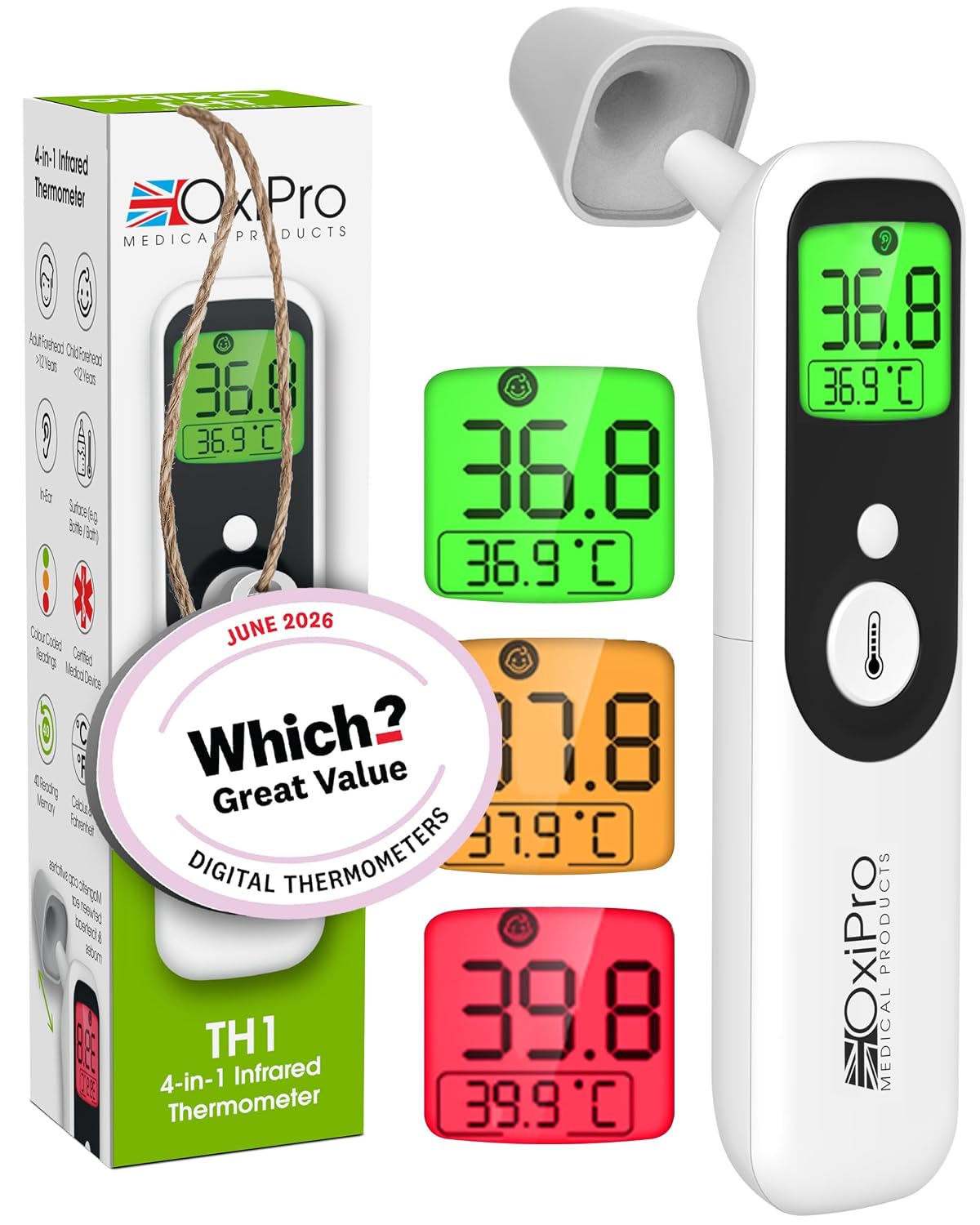 Detalle de OxiPro TH1 infrared thermometer 4‑mode 👶