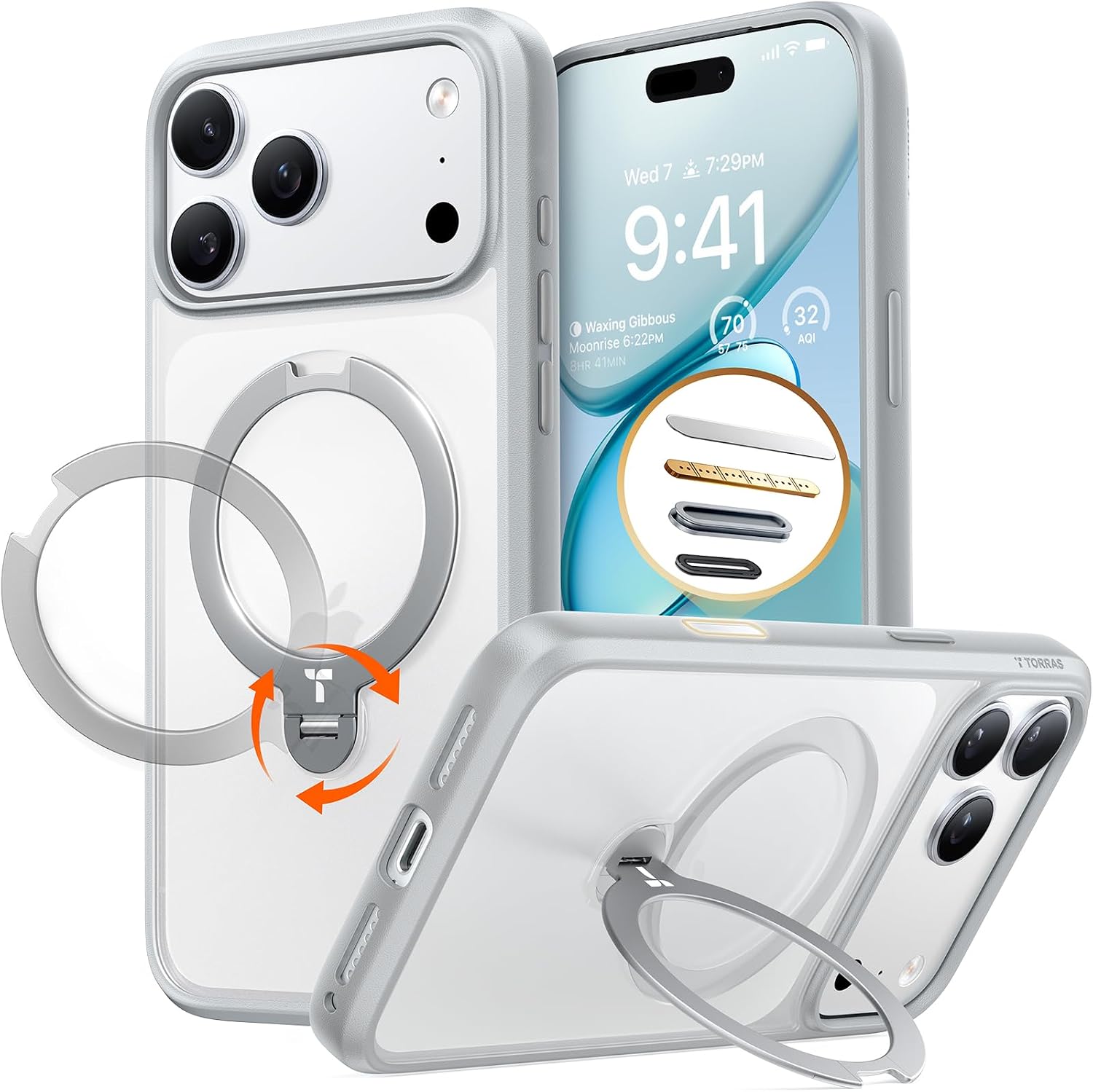 Detalle de TORRAS Q3 Spin Case for iPhone 17 Pro Max with 360° Magnetic Stand & MagSafe, Mist Grey