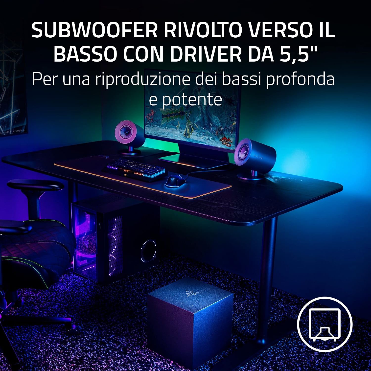 Detalle de Razer Nommo V2 altoparlanti gaming 2.1 con subwoofer wireless, THX Spatial Audio e Razer Chroma RGB