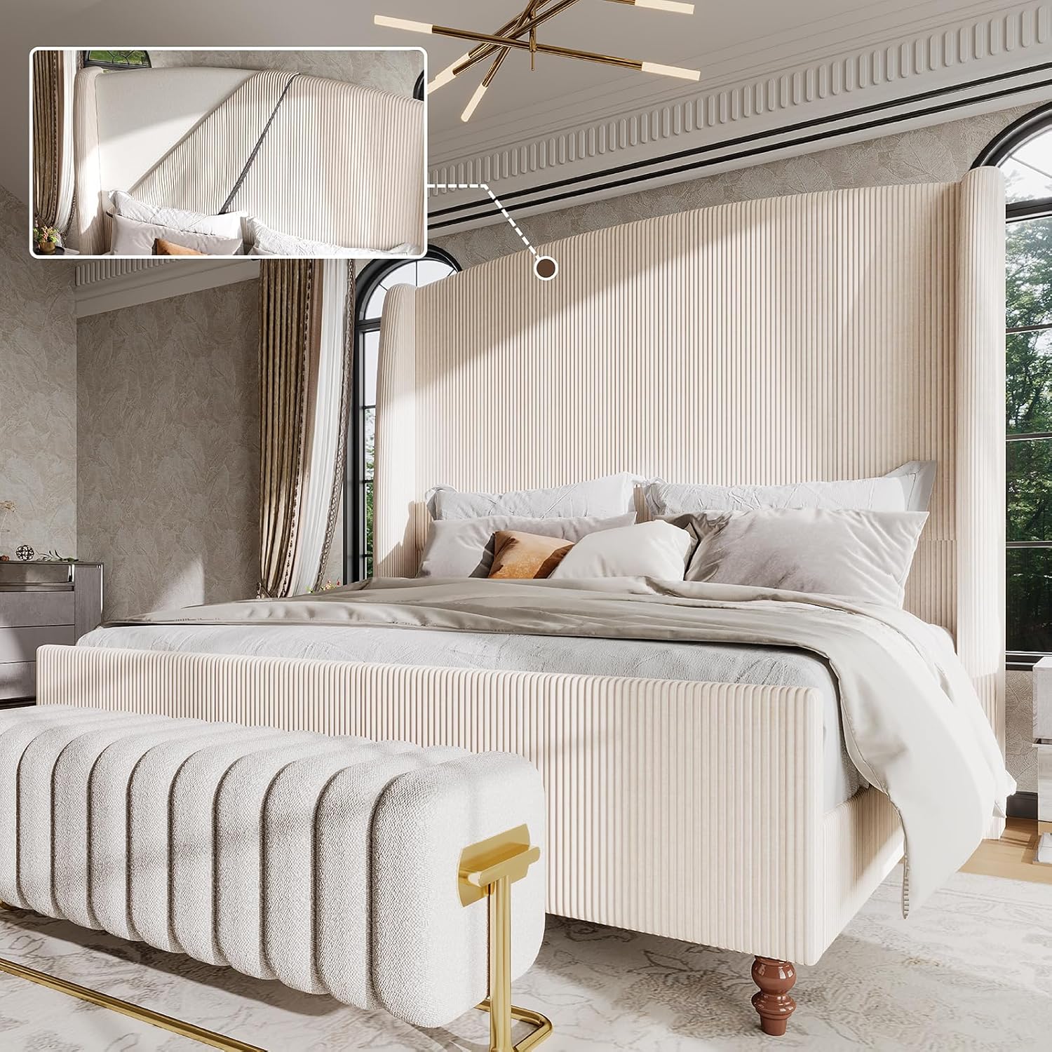 Detalle de Ihanherry KK-FBE002 King Bed Frame, 66" Wingback Headboard, Cream Corduroy