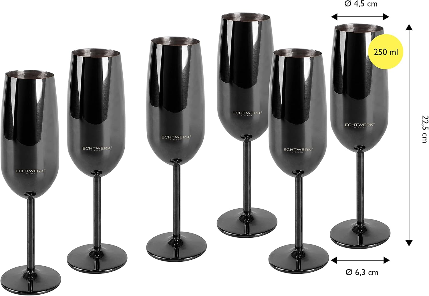 Detalle de ECHTWERK EW-CG-1746S – 6 kieliszków ze stali nierdzewnej, Black Edition, 250 ml