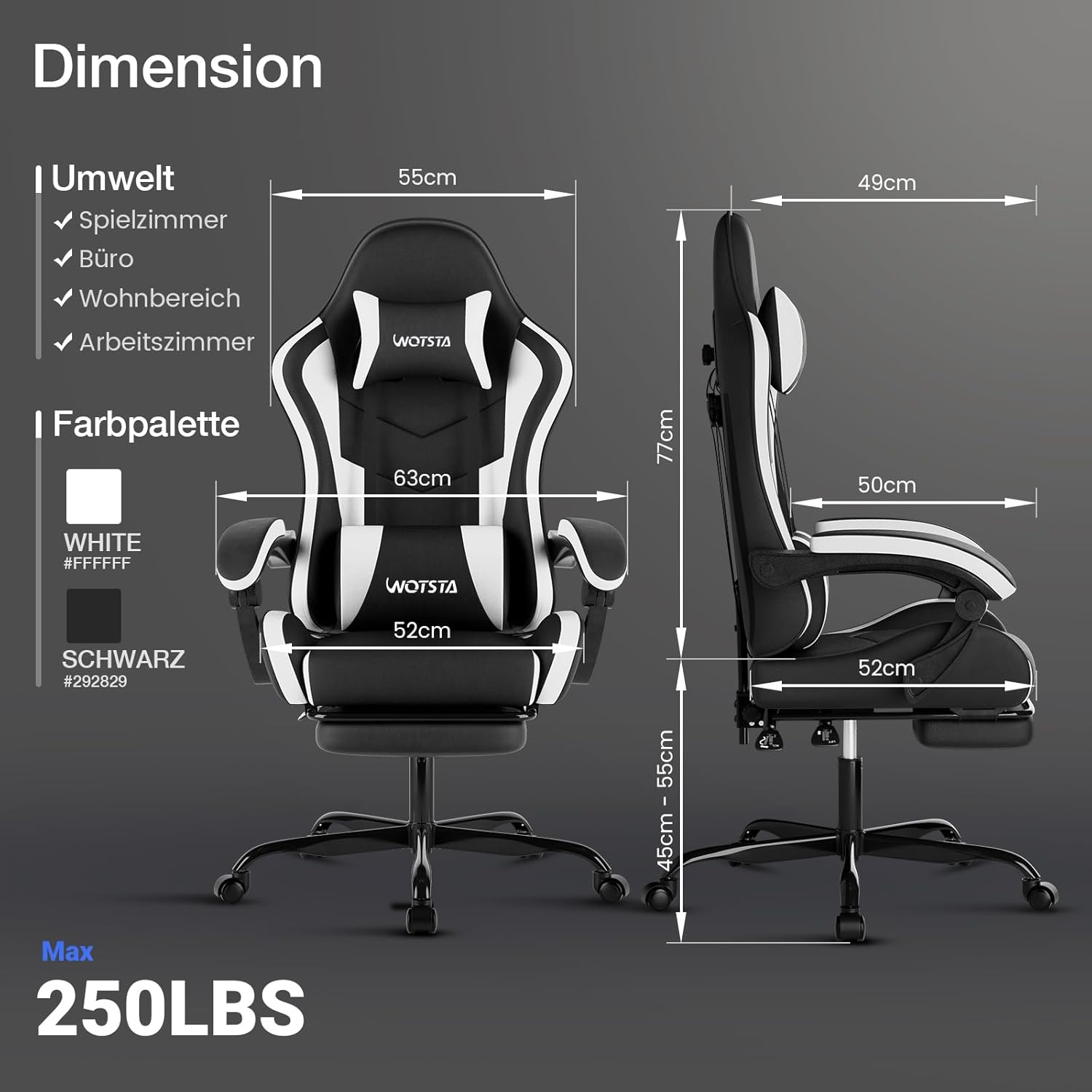 Detalle de WOTSTA Gaming Chair 135° Ergonomischer Stuhl