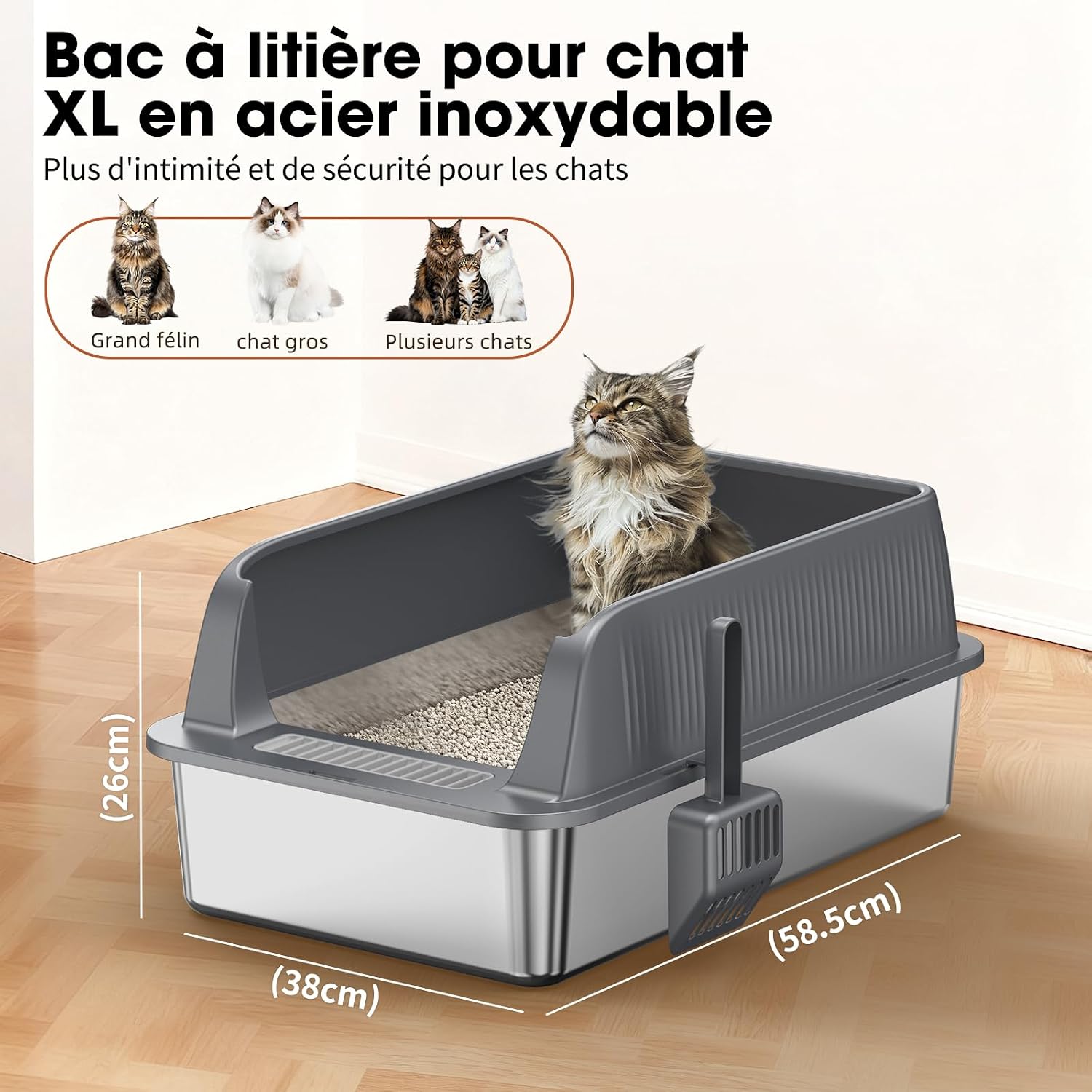 Thumbnail 3 de Bac à litière Ouvert en INOX – Grand bac métal à bords hauts, cuve profonde amovible et antiadhésif